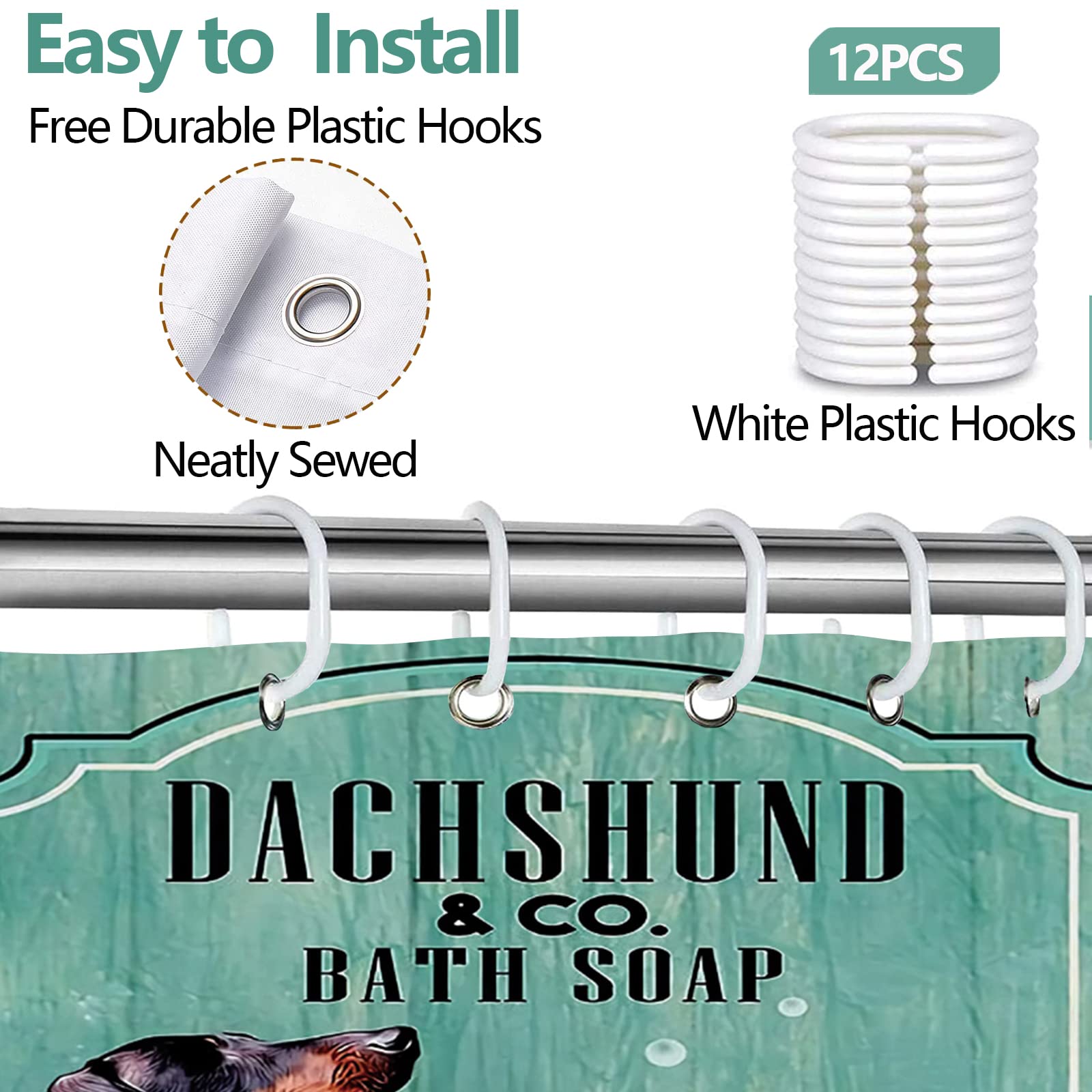 Famiffty Dog Shower Curtain Funny Shower Curtains 60Wx72L Inch Dachshund Bath Soap Shower Curtain Fun Ocean Teal Green Bathtub Vintage Wood Waterproof Polyester Fabric 12 Plastic Hooks
