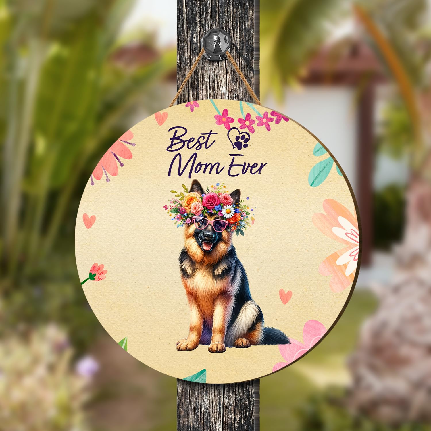 Best German Shepherd Mom Ever Happy Mother's Day Round Wood Sign Alsatian Dog Lover Gifts Hanging Wall Home Decor - 002