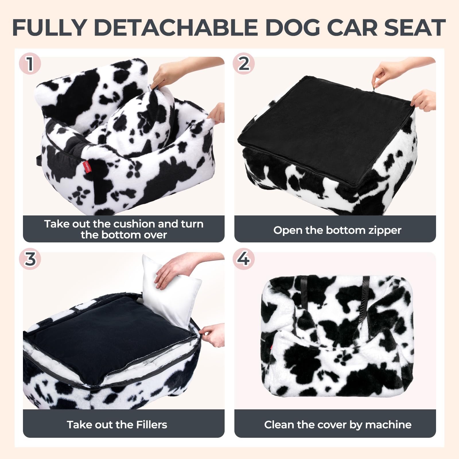 BurgeonNest Dog Car Seat for Small Dogs, Detachable and Washable Cat Carseats Under 25 lbs, Soft Pet Booster Seats with Storage Pockets and Clip-On Leash Portable Car Travel Carrier Bed, Milk Cow