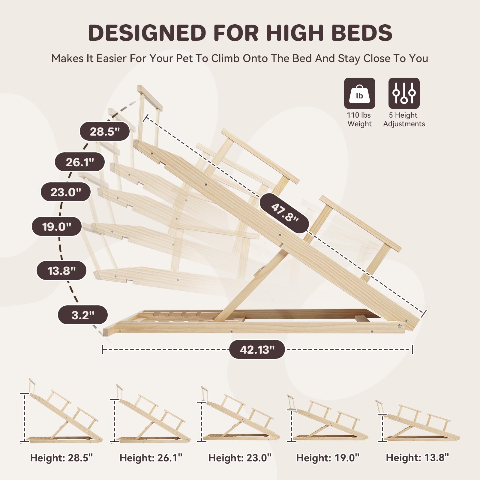 PANTAZO Dog Ramp for Bed PANTAZO Adjustable Ramps for Small Dogs to Get on Bed, Up to 28.5 Inches, 48'' Long,120lbs with Anti-Slip Grip & Safety Rail