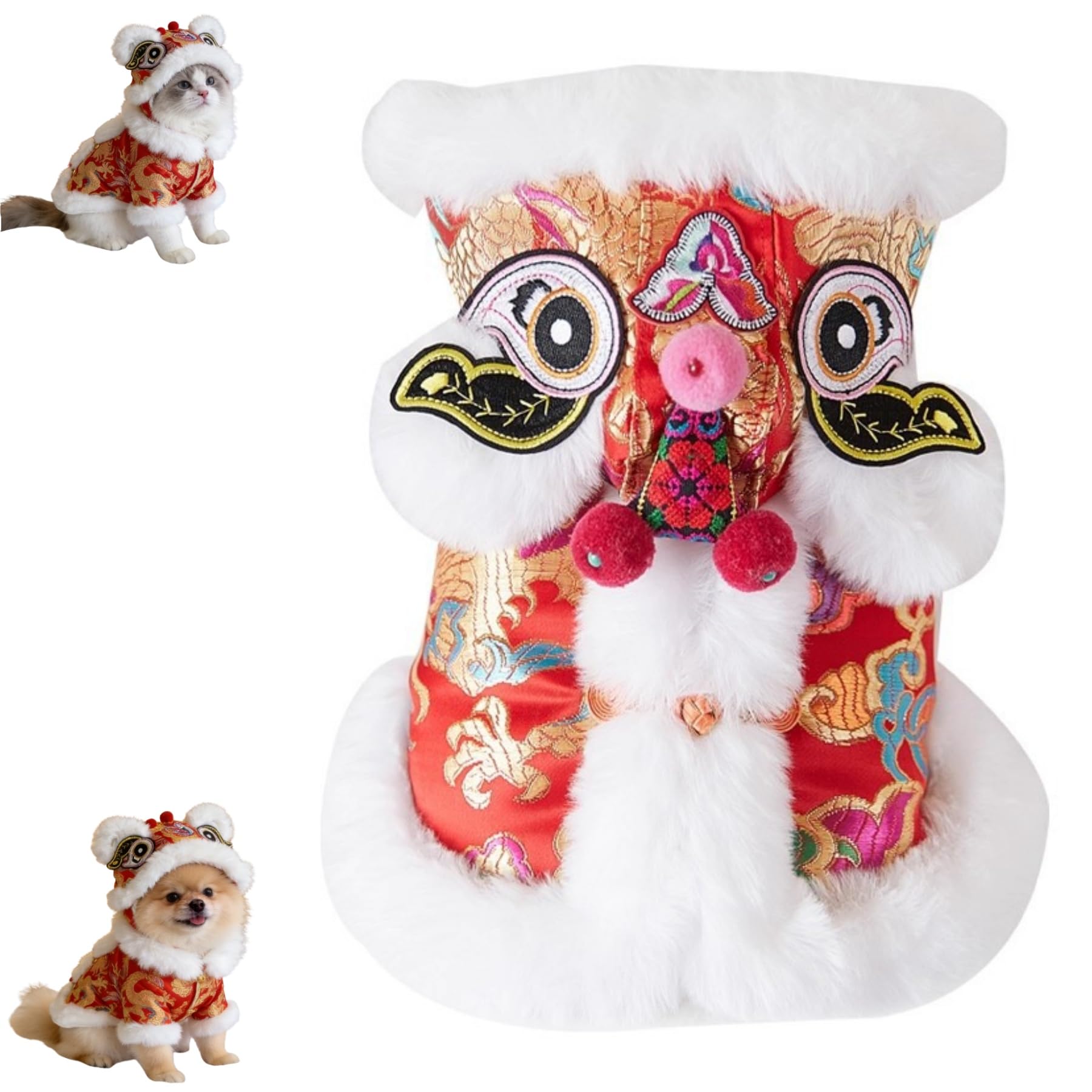 Cute Dance Lion Pet Costume with Red Sequins New Year Cat Dog Clothes Hoodies Coat Chinese Lion Dance Dog Costume, Spring Festival Pet Outfit