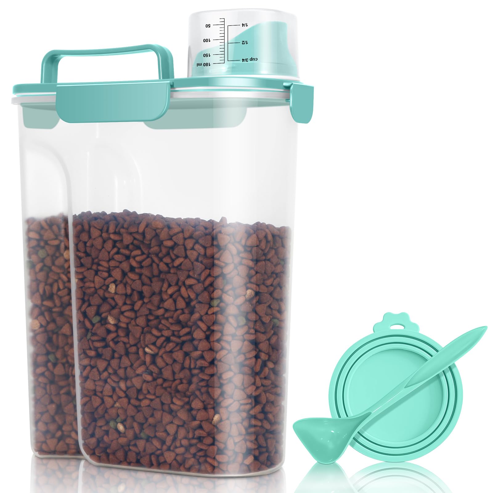 Pet Dog Cat Food Storage Container 5 to 7 lbs with Can Cover and Mixing Spoon, Airtight Travel Pet Food Storage Dispenser with Easy-pouring Spout & Cup, Kibble Dog Treat Bird Seed Container -Cyan