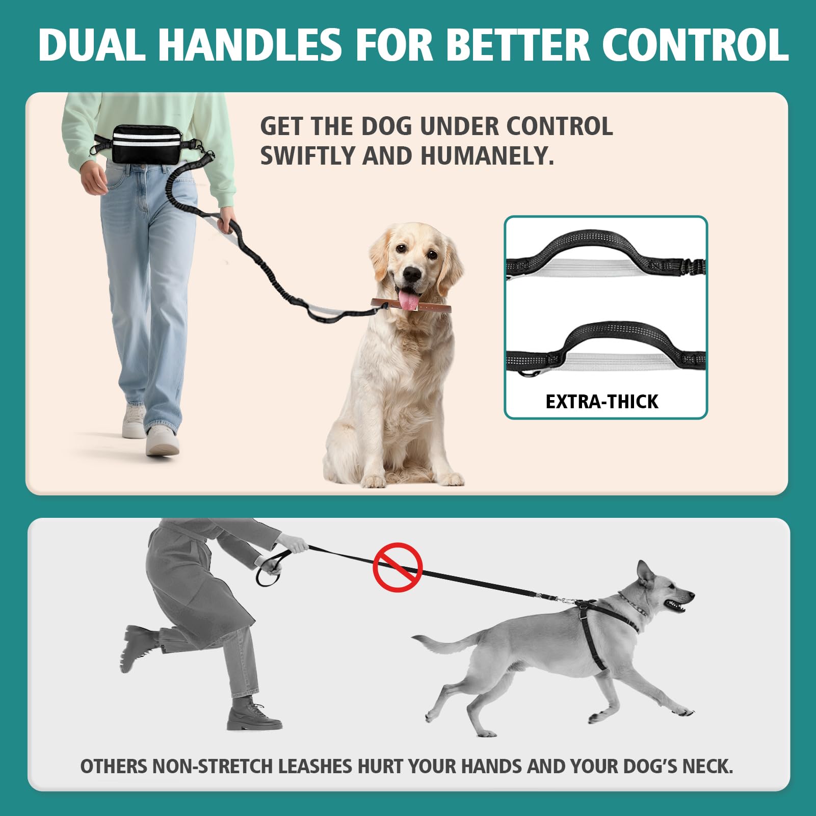Godyoy Hands Free Dog Leash for 2 Dogs with Safety Lock and Extra-Thick Waist Belt, Waist Leash for Dog Walking Running, Double Retractable Dog Leashes for Two Dogs with Double Padded Handles, Black
