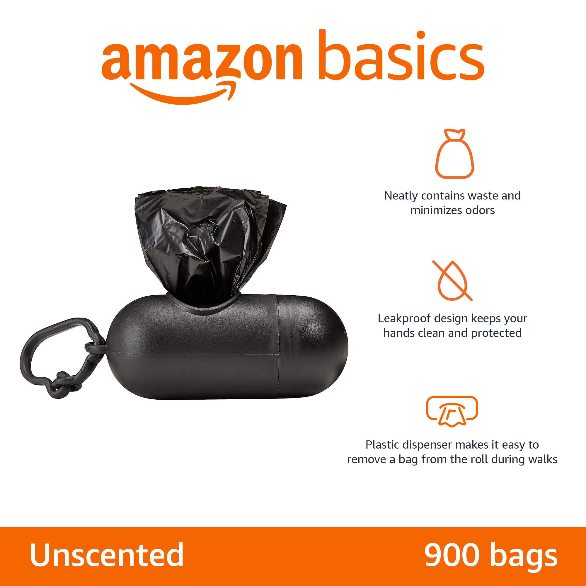 Amazon Basics Dog Poop Leak Proof Bags with Dispenser and Leash Clip, Unscented, 13" x 9", 900 Count (60 Rolls)