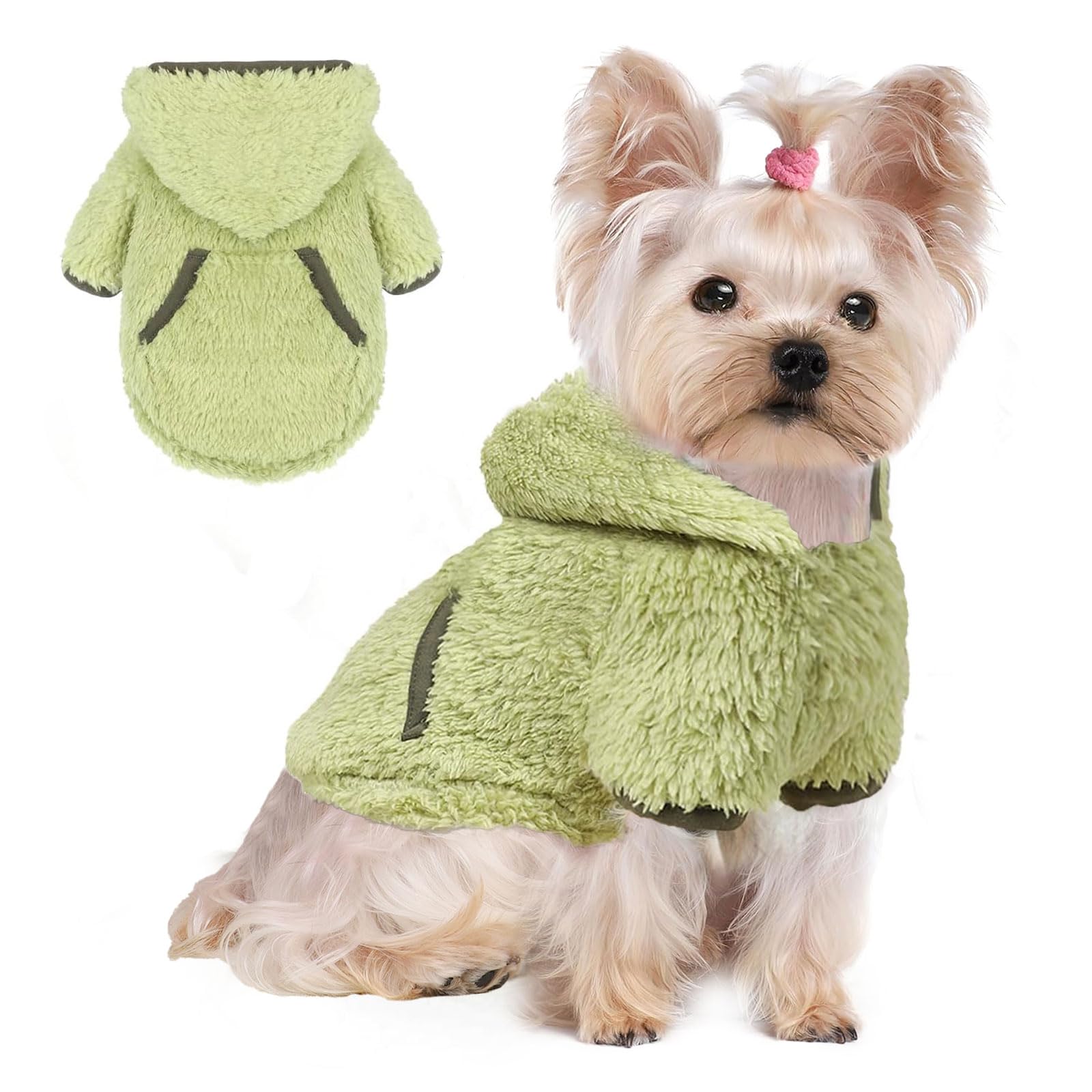 Fleece Dog Sweater Hoodie Sweatshirts Warm Fuzzy Velvet Sweaters Winter Clothes for Small Dogs Girl Boy Pet Coats Cat Apparel(Green Avocado, X-Small