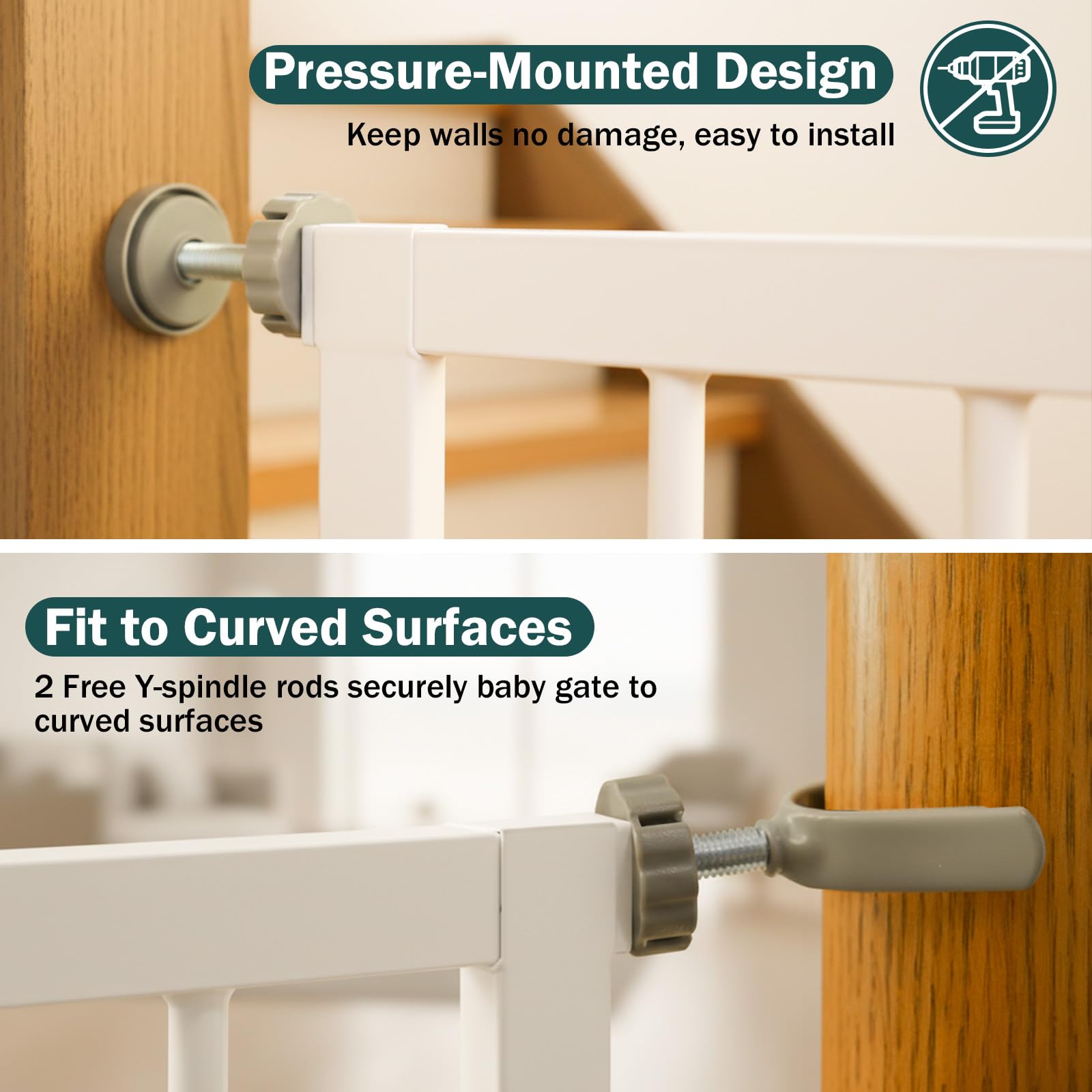 Mumeasy 36" Extra Tall Dog Gate, Auto Close Baby Gate for Stairs Doorways, 29.7-46" Wide Walk Thru Child Safety Gate for House, Easy Install Pressure Mounted Metal Pet Gate with Door, White