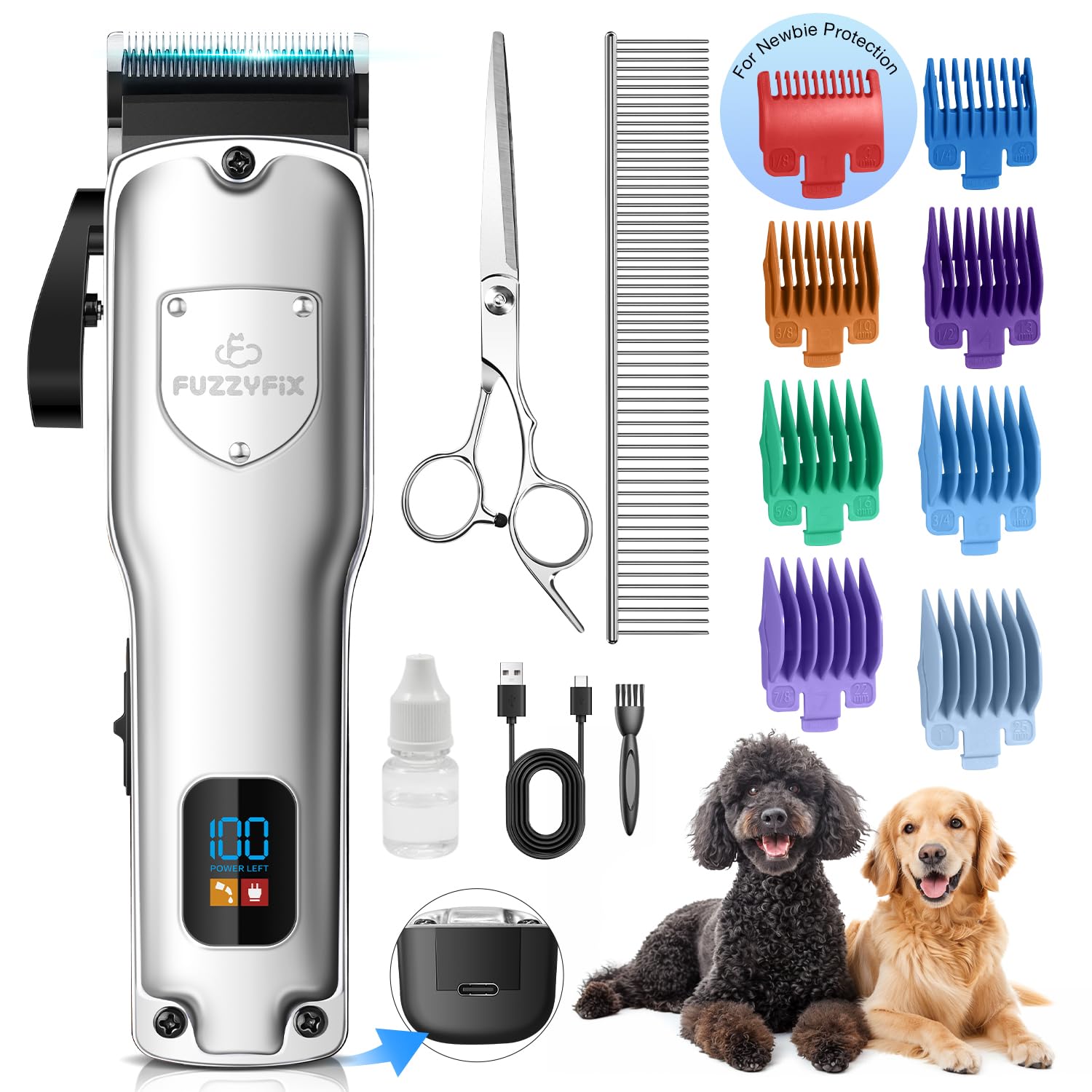 Dog Clippers for Grooming for Thick Heavy Coats, Professional Low Noise Cordless Dog Grooming Clippers Supplies Kit Rechargeable Stainless Steel Hair Trimmer with Ceramic Blade for Dogs Cats Pet