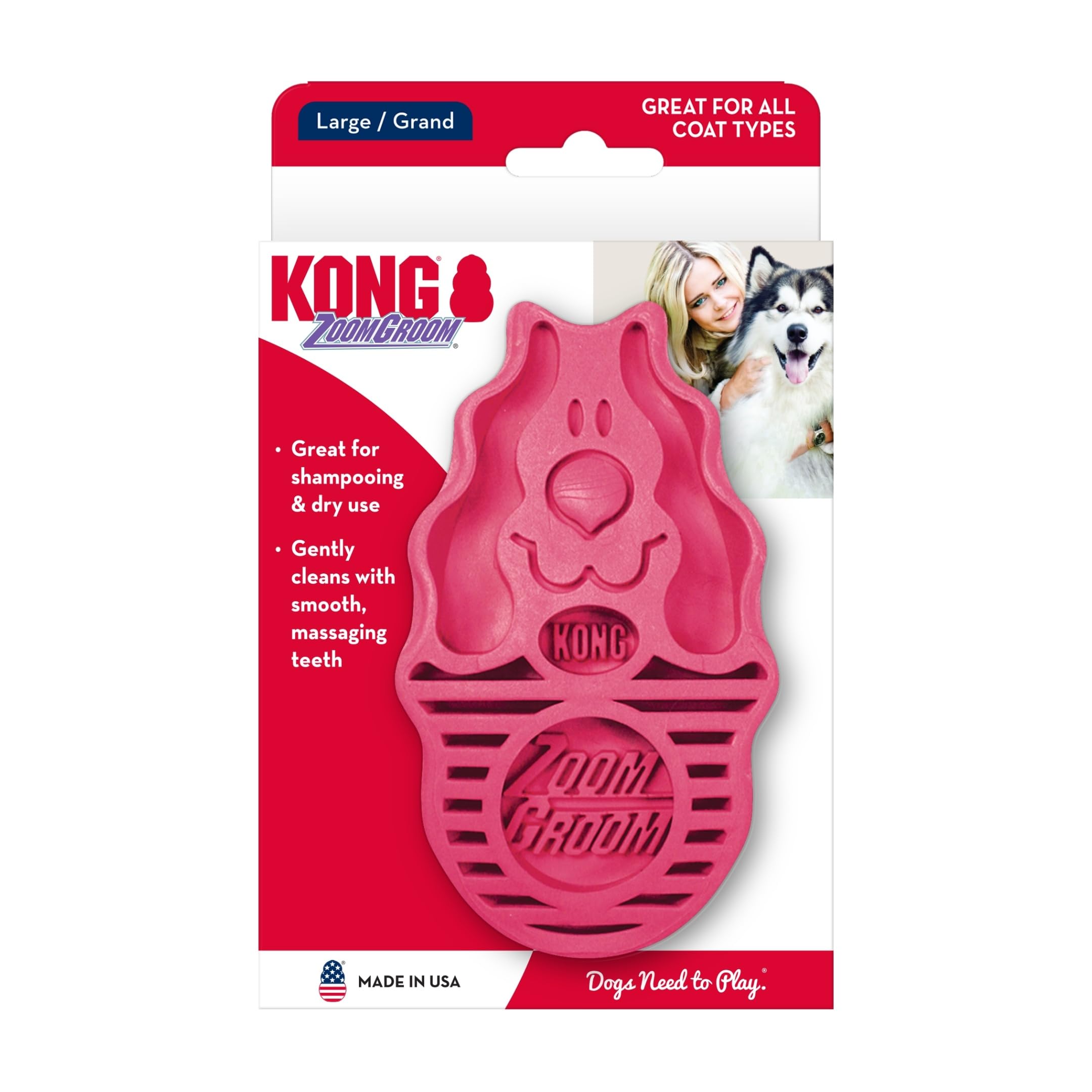 KONG - ZoomGroom - Dog Brush for Grooming and Shampooing - Red Brush for Large Dogs