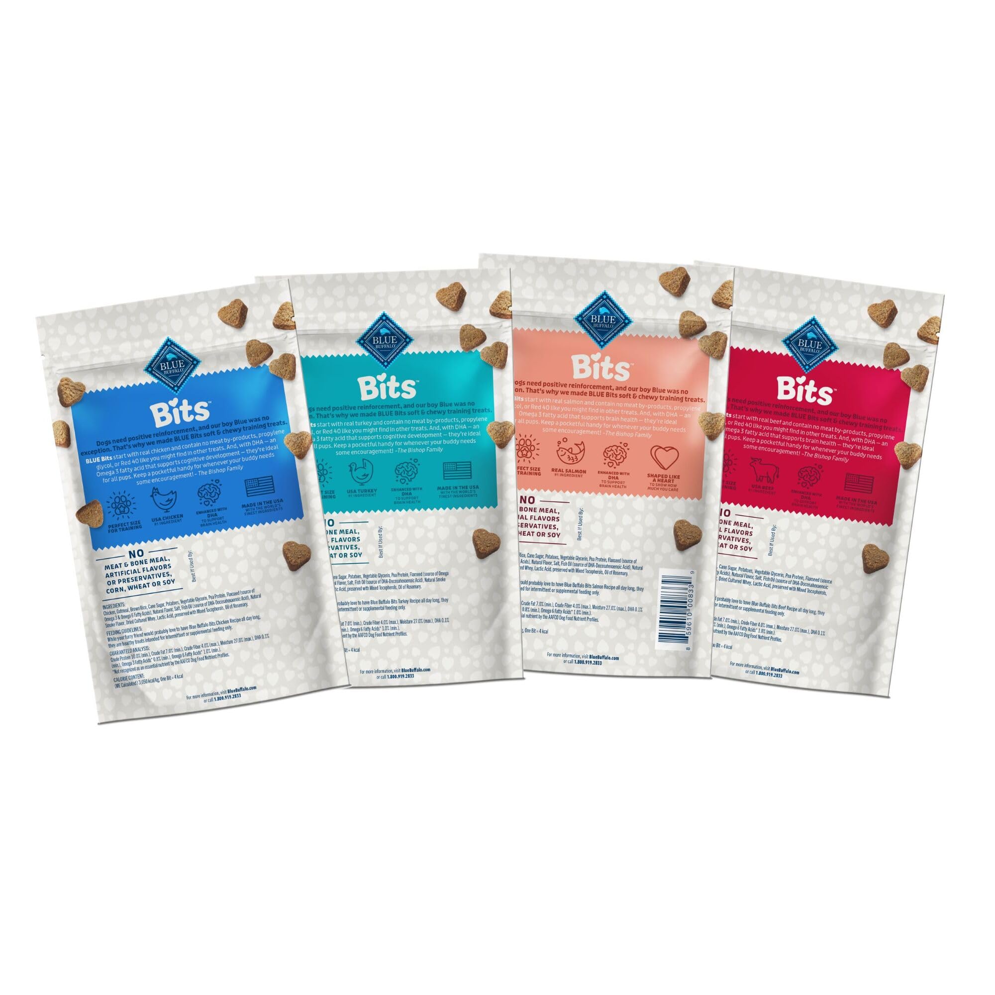 Blue Buffalo Bits Soft Dog Treats for Training, Made with Natural Ingredients & Enhanced with DHA, Beef, Salmon, Turkey, & Chicken 4-oz Variety Pack, 4 ct
