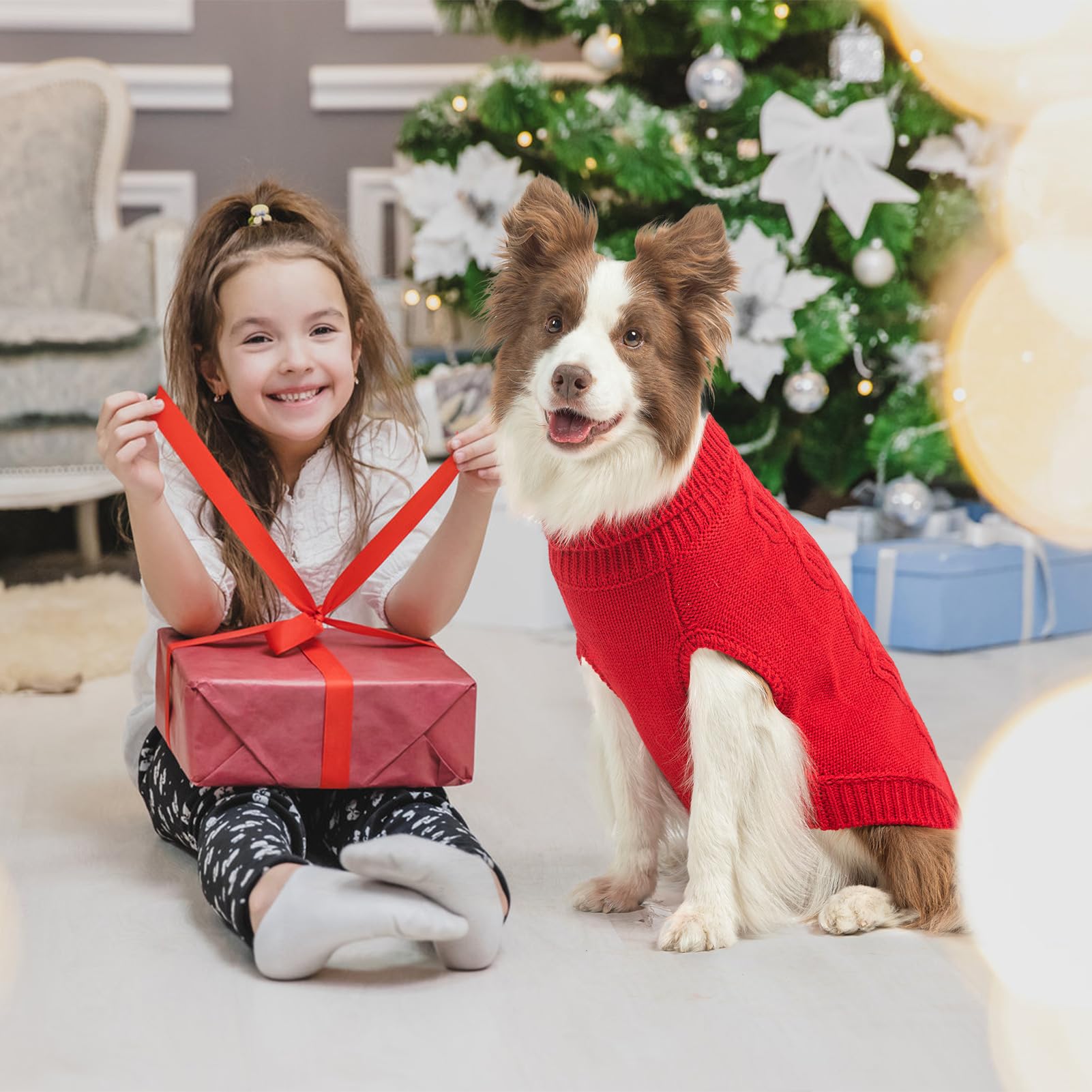SCENEREAL Knitted Dog Sweater for Large Medium Small Dogs, Christmas Pet Clothes Warm Sweatershirts Outfits, Classic Dog Winter Coat with Leash Hole, Soft Pet Knitwear Apparel for Girls Boys, Red L
