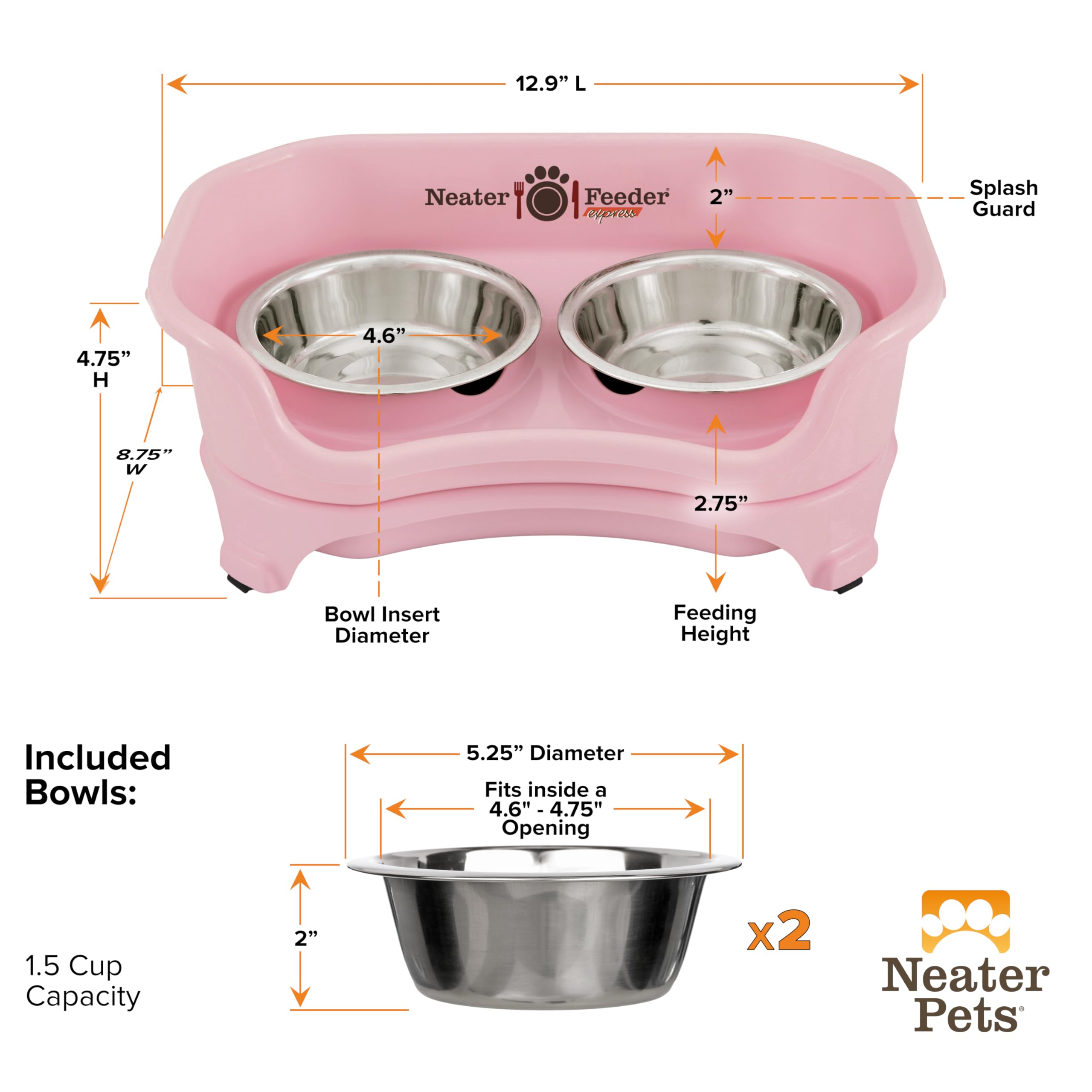 Neater Feeder Express Mess Proof Dog Bowls Elevated for Small Breeds Under 15 Lb, Made in USA, No Spill Raised Dog Food Bowl Stand, Stainless Steel Food and Water Bowl Set, Feeding Station, Pink