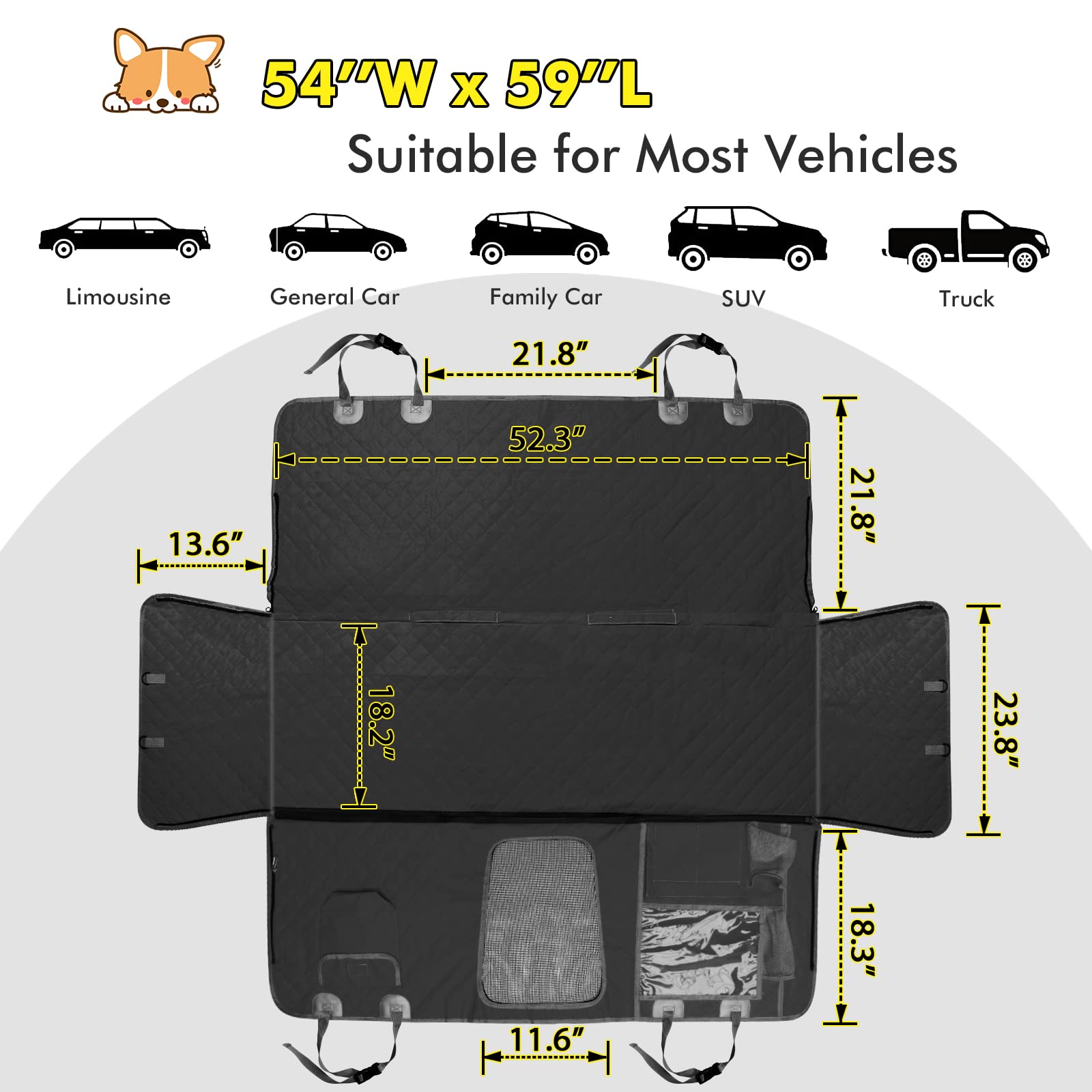 GURETER Dog Car Seat Cover for Back Seat, Waterproof Scratch Proof Hammock with Side Flaps anf Large Mesh Window, Nonslip Backseat Dogs Fit Car, SUV and Truck, Cover, Black, CWLSGU1