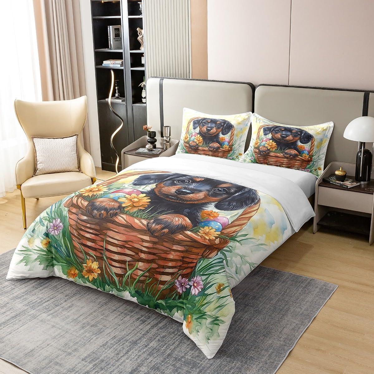 Cute Dog Bedding Set Boys Girls Happy Easter Eggs Duvet Cover Spring Style Lovely Puppy Comforter Cover Kids Bedroom Decor 2Pcs Twin 100% Cotton,No Comforter