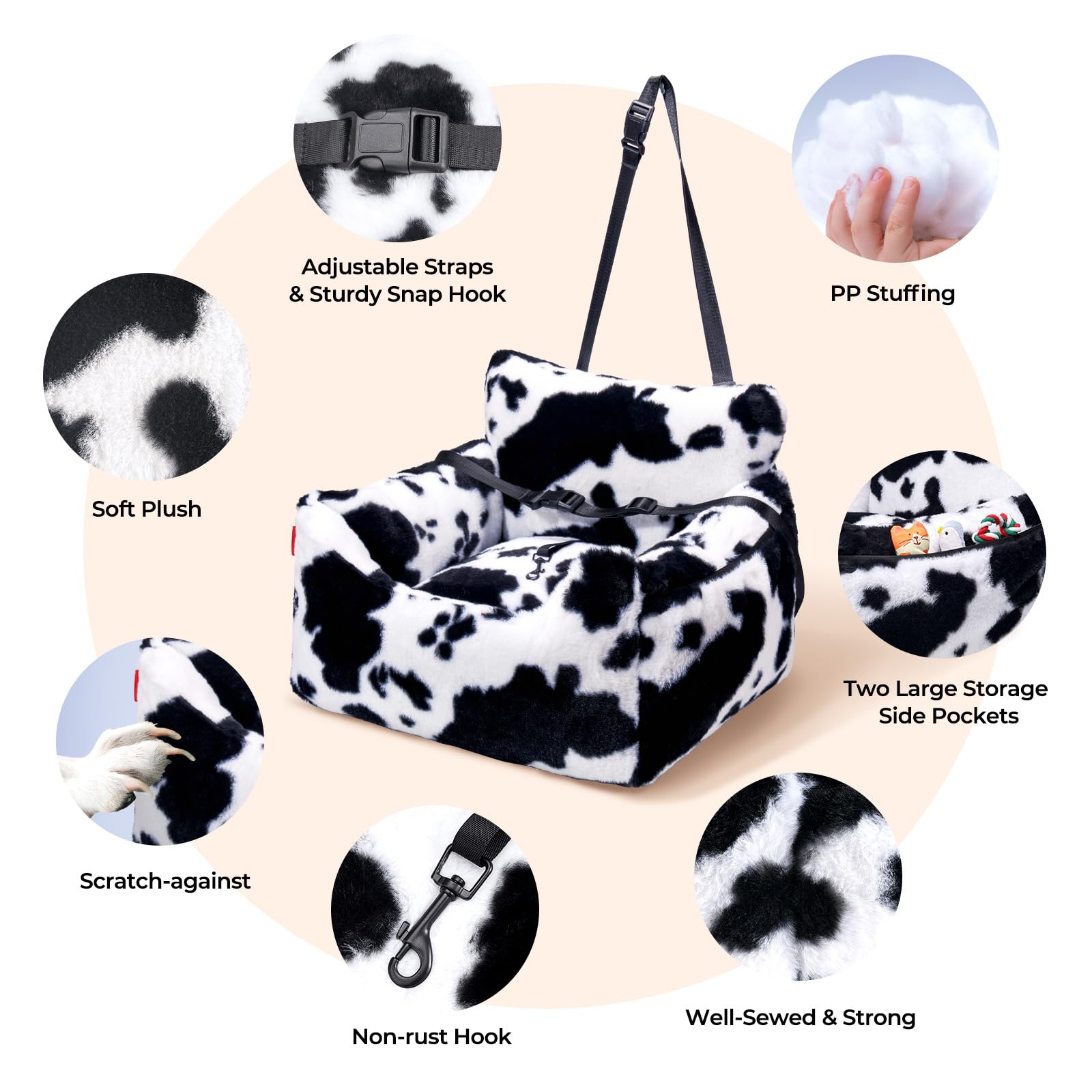 BurgeonNest Dog Car Seat for Small Dogs, Detachable and Washable Cat Carseats Under 25 lbs, Soft Pet Booster Seats with Storage Pockets and Clip-On Leash Portable Car Travel Carrier Bed, Milk Cow