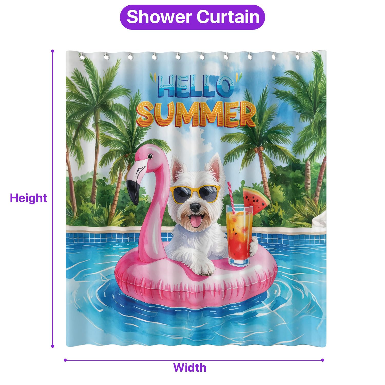 Ninety3POD Hello Summer West Highland White Terrier at Swimming Pool Flamingo Swim Ring Shower Curtain Westie Westy Dog Lover Waterproof Bathroom Bathtub Curtain 12009