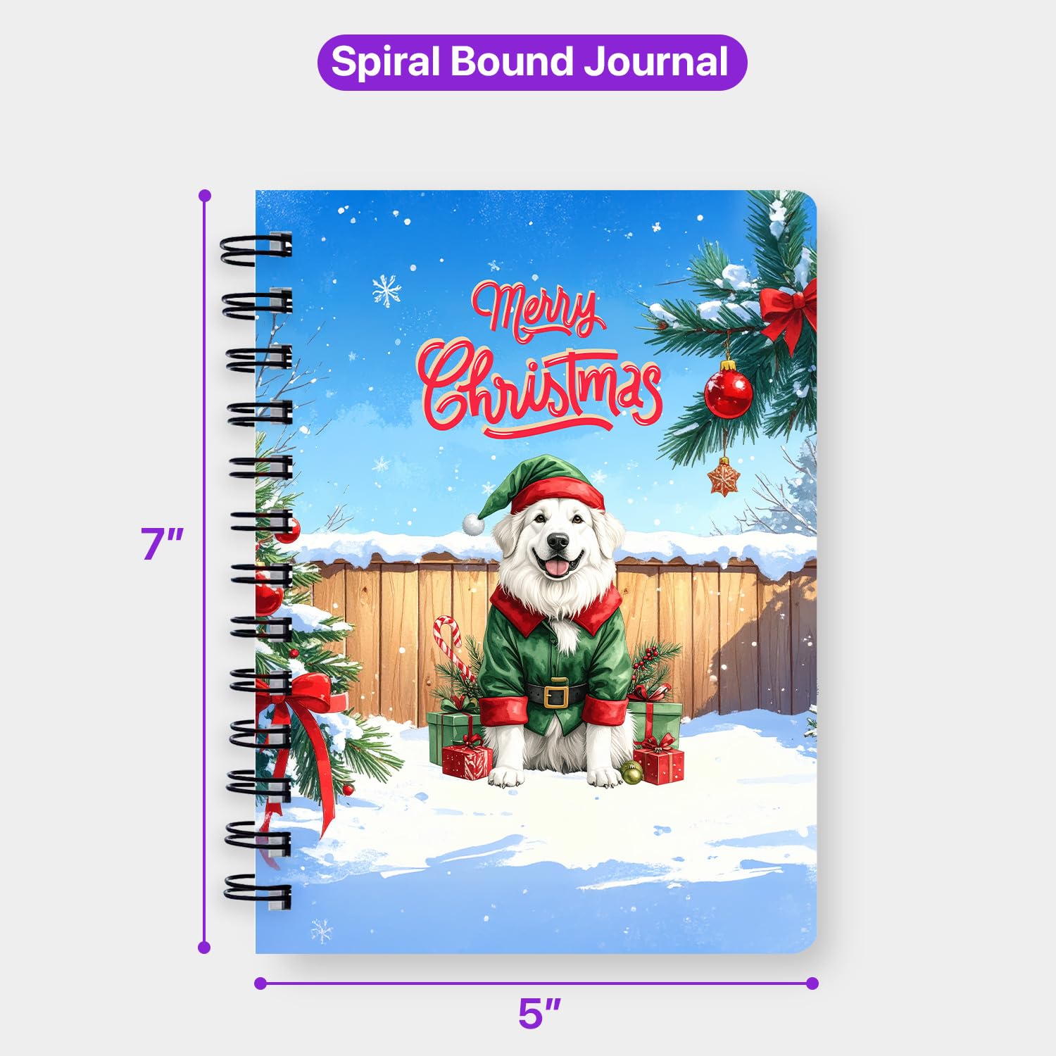 Ninety3POD Merry Christmas Woofmas Xmas Noel Great Pyrenees Elf Candy Cane Snow Spiral Bound Journal Pyr Dog Lover 5x7in Spiral Notebook 13017