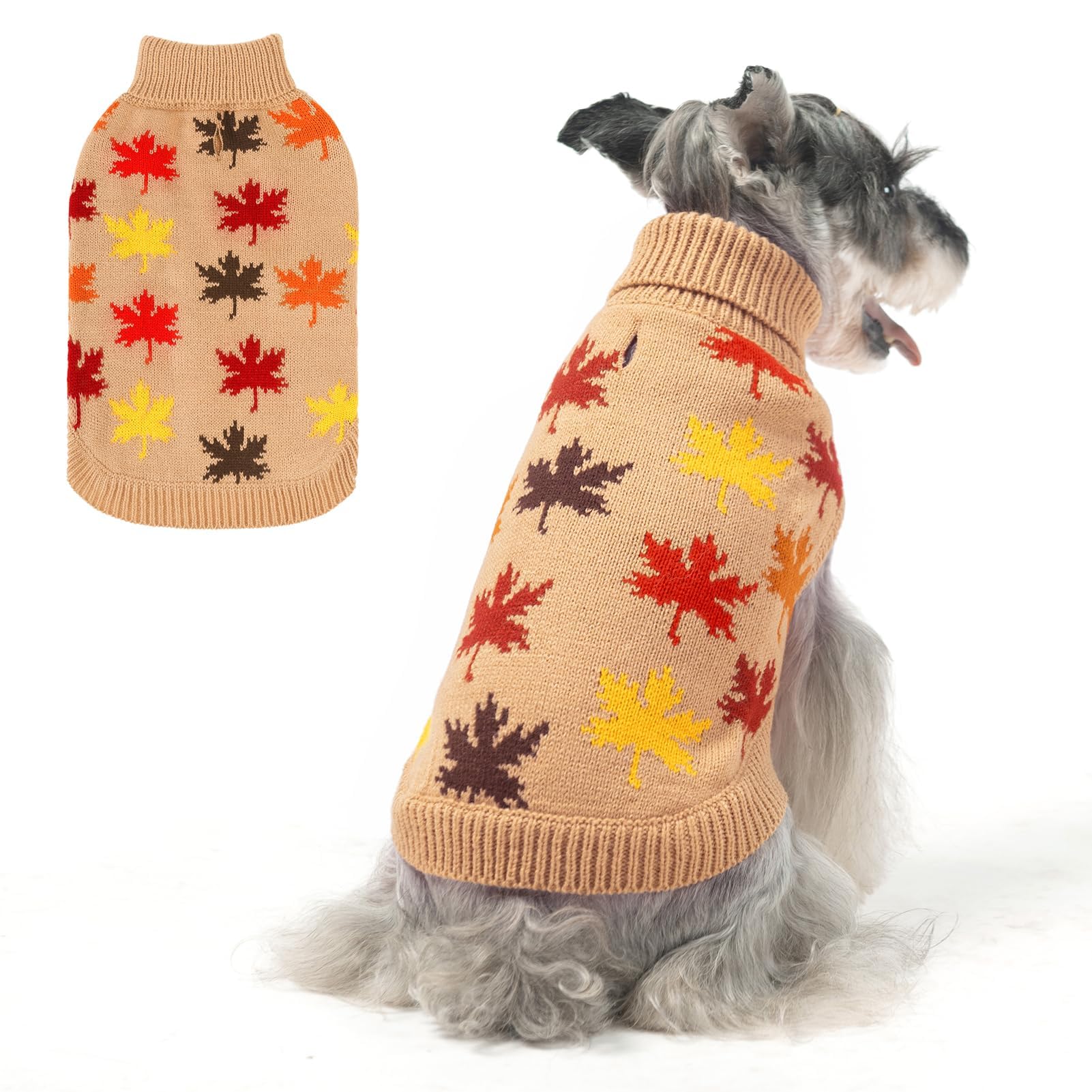 BEAUTYZOO Fall Sweater - Small Dog Sweaters for Dogs, Girls & Boys, Turtleneck Knitwear for Cold Weather, Maple Leaf Cable Knit Puppy Pullover, Pet Apparel (Khaki, S)