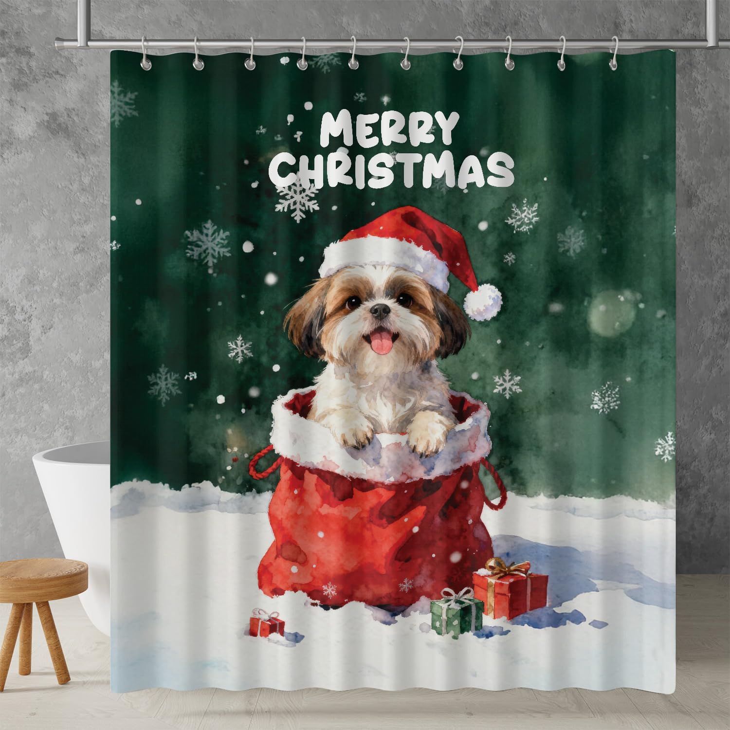Ninety3POD Santa Surprise Gift Shih Tzu Merry Cheerful Christmas Shower Curtain Lion Dog Lover Gifts Waterproof Bathroom Bathtub Curtain 12021