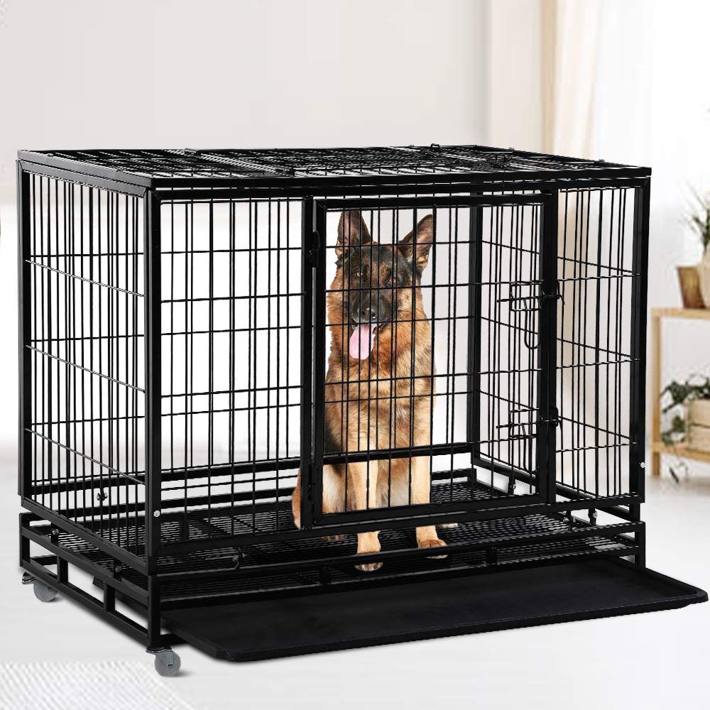 48" Heavy Duty Dog Crate – Large Metal Dog Cage with Lockable Wheels, Double Door & Tray – Secure Indoor Outdoor Kennel Playpen for Training – Strong Pet Enclosure, Black
