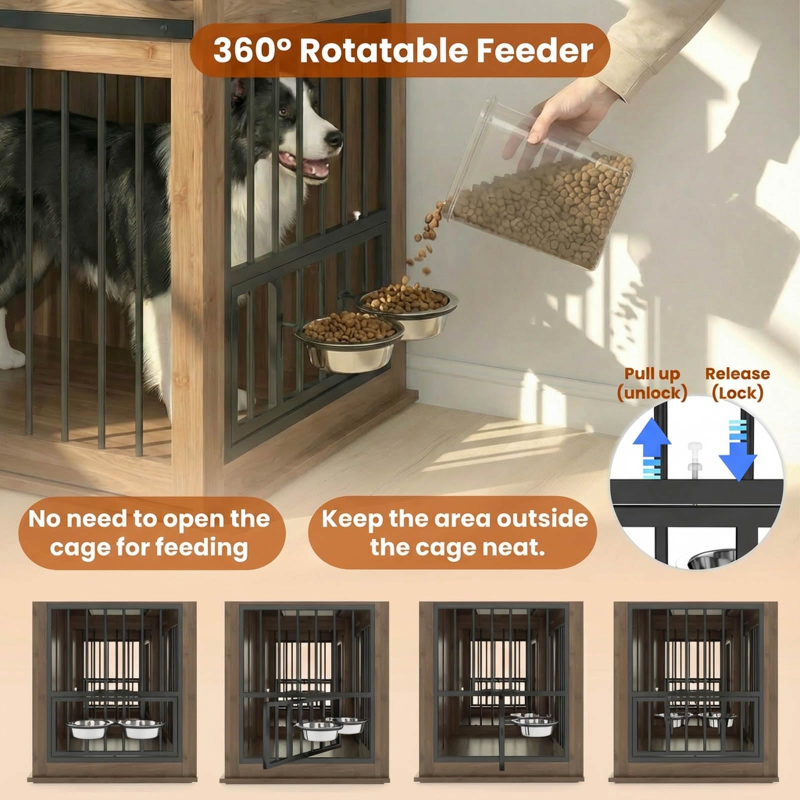 71'' Dog Crate Furniture for 2 Dogs, Wooden Double Dog Kennel with Removable Divider & 360° Rotating Feeder, 3 Fluted Drawers, Charging Station, TV Stand or Side Table (White)