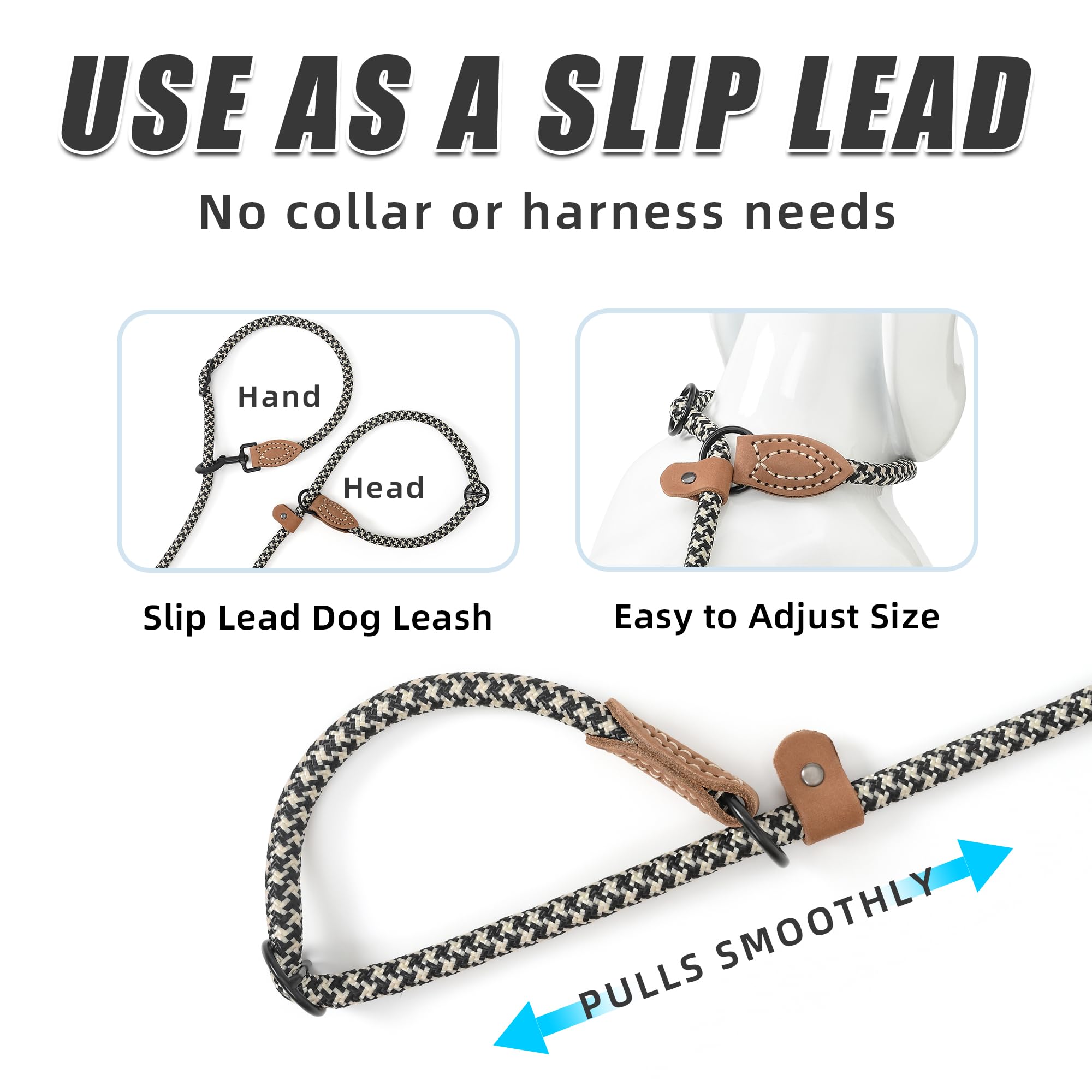 Mile High Life Hands Free Dog Leash, Crossbody Waist Leash with Genuine Leather Connection, Multifunctional Adjustable Slip Lead for Dog Walking Running (Black Khaki, 8FT)