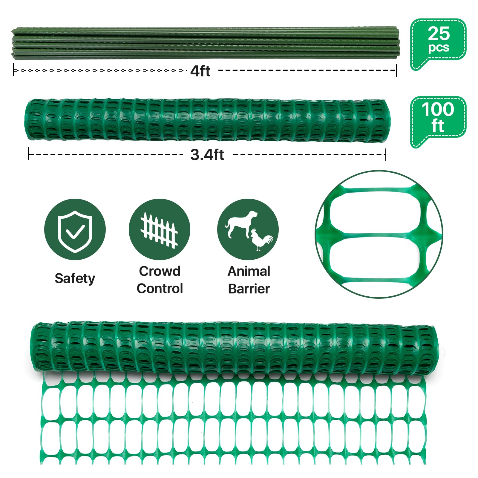 Temporary Fence Plastic Fence with Posts, Safety Barrier for Dogs Snow Mesh Fencing with Steel Stake Movable Portable Fencing Fence Roll 40In High 100Ft Long for Garden Backyard Outdoor