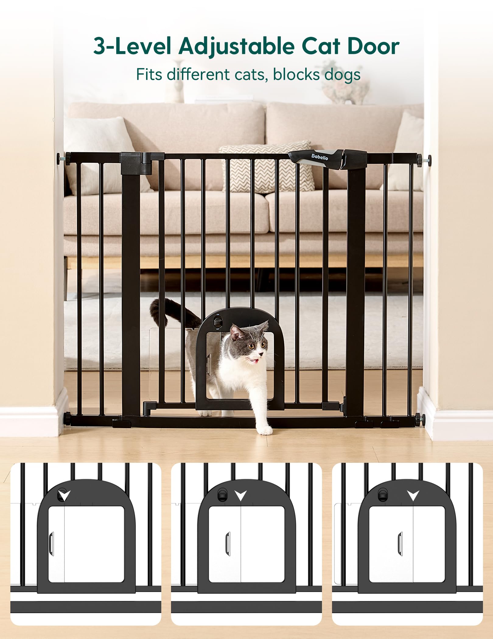 Babelio Upgraded Baby Gate with Cat Door, 29-43" Auto Close Durable Dog Gate for Stairs, Doorways and House, Easy Walk Thru Safety Gate with Pet Door Includes 4 Wall Cups, Black