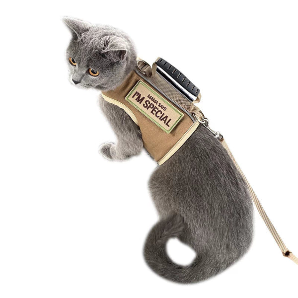 Tactical Cat Harness and Leash for Walking Escape Proof, Adjustable Cat Walking Jackets, Padded Stylish Cat Vest, Khaki, XX-Large