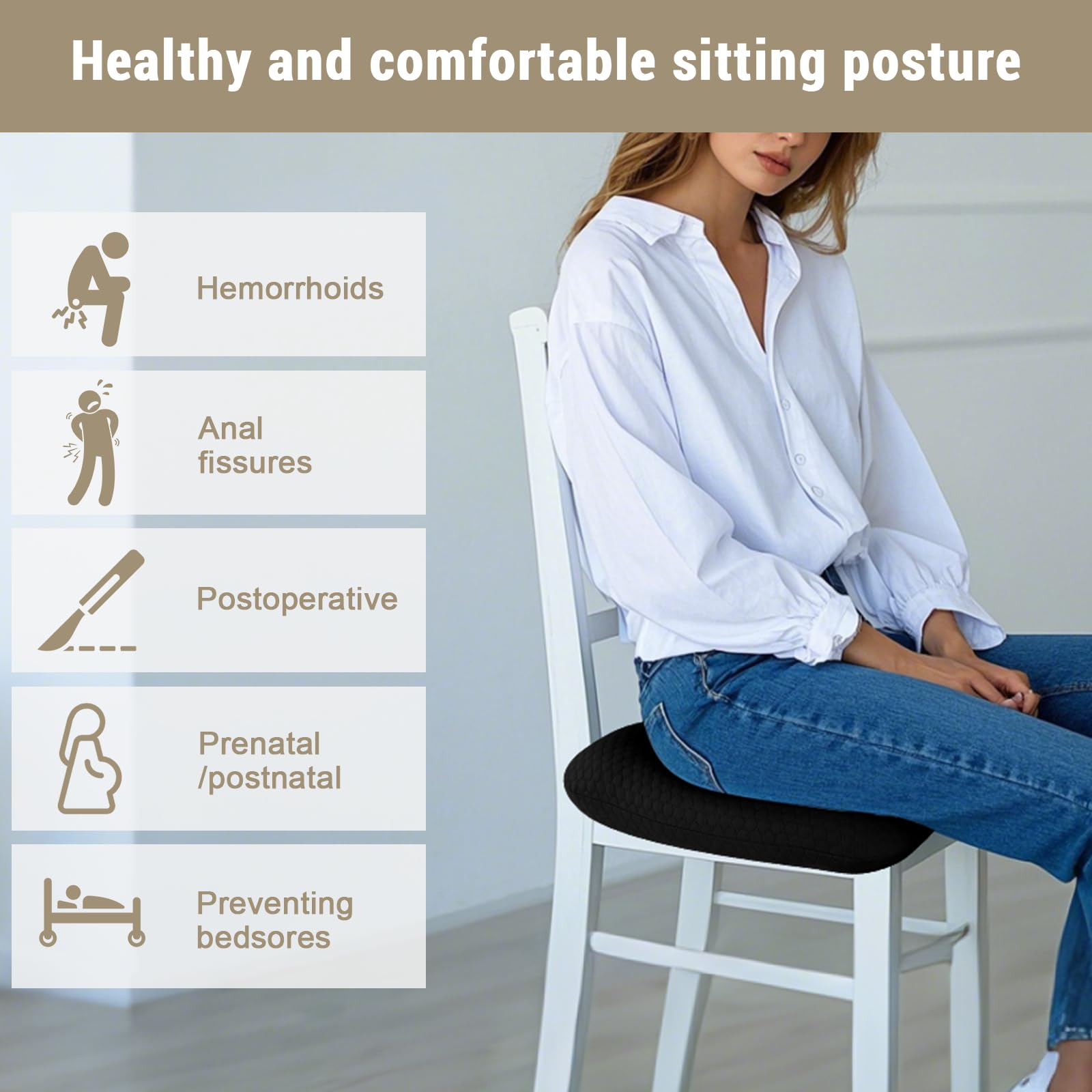RoamReady Donut Pillow for Bed Sores Tailbone Pain Relief Cushion, Cotton Butt Donut Cushion Breathable for Hemorrhoid, Pregnancy, Prostate and Surgery, Sitting Pressure Relief for Home, Office, Car