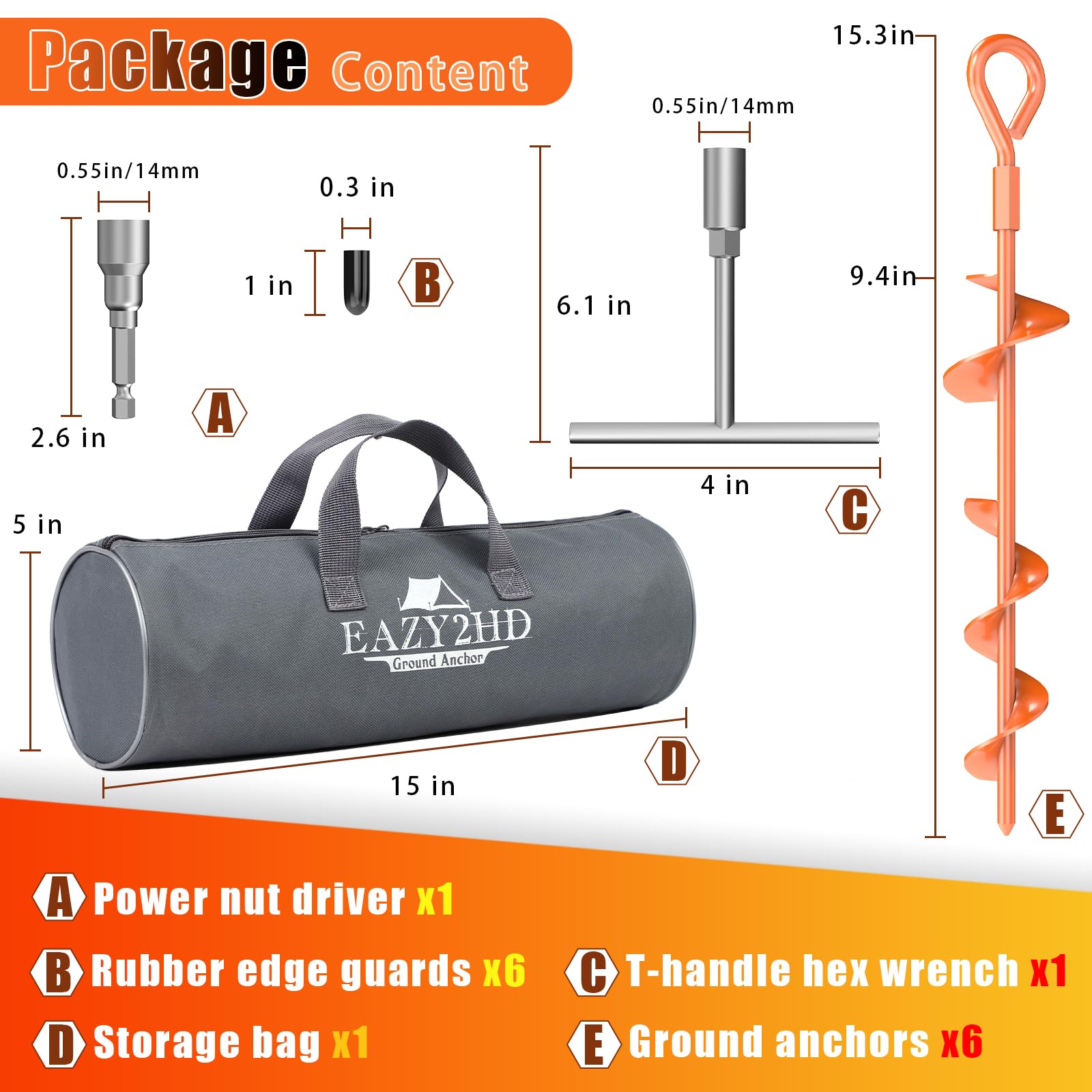 15 Inch Ground Anchors Screw in, 6 Pack Heavy Duty Earth Anchors with T Handle Hex Wrench and Power Nut Driver, Metal Trampoline Stakes Spiral Anchor Kit for Tent, Shed, Swing Set, Car Port, Canopy