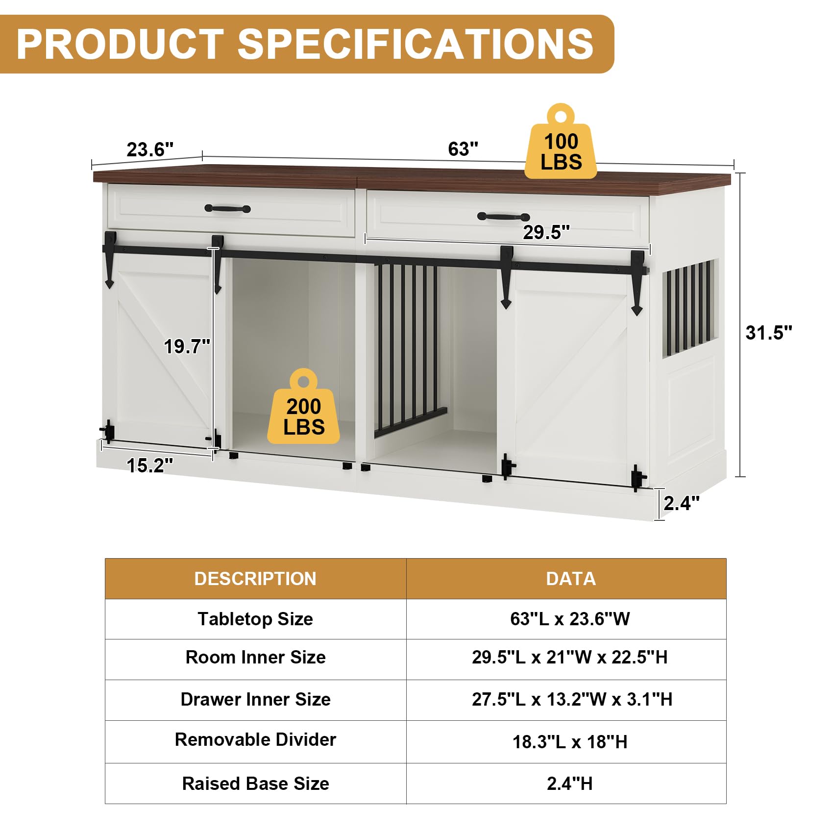 Large Dog Crate Furniture - Wooden Indoor Dog Kennel Furniture for 2 Dogs with Sliding Barn Door and Removable Divider, Heavy Duty Dog Crate Table, 63" L x 23.6" W x 31.5" H, White