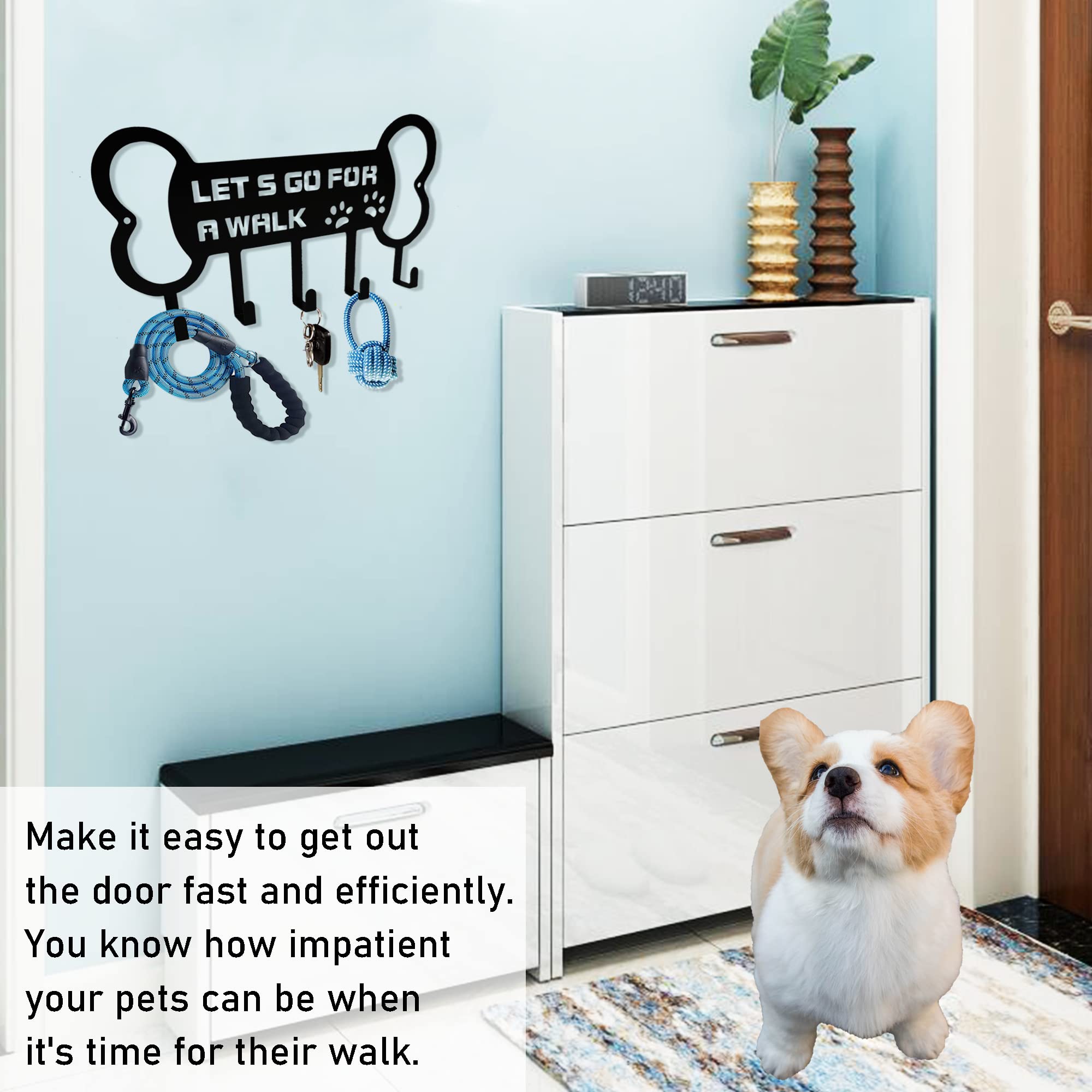 BiaGift Wall Mounted Dog Leash Holder and Key Organizer - 'Lets Go for A Walk' with Farmhouse Style