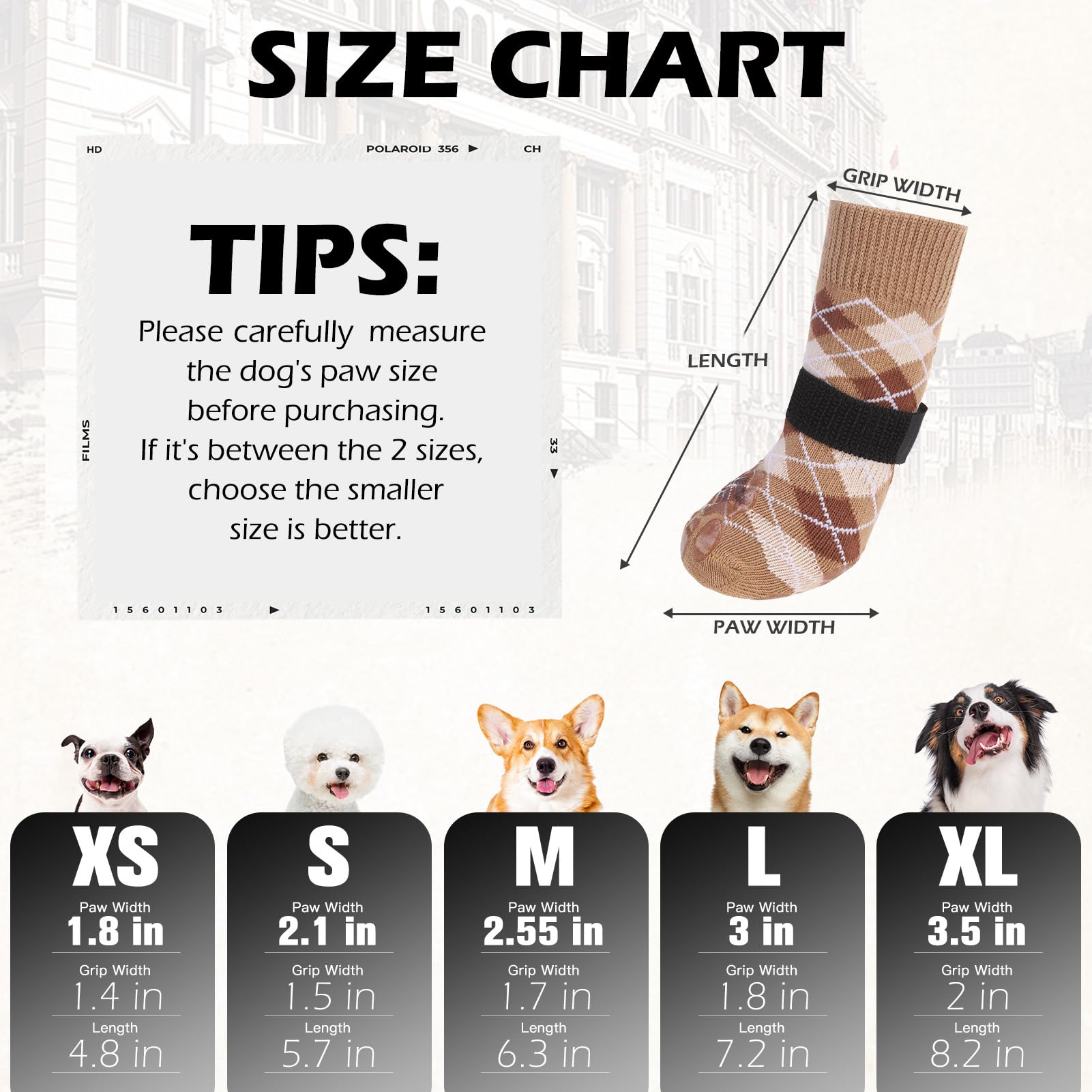 EXPAWLORER Dog Socks to Prevent Licking Paws,Anti Slip Dog Shoes for Hot Pavement,Dog Booties for Hardwood Floors,Dogs Boots & Paw Protectors for Small Medium Large Senior Dogs,British Style,Khaki M
