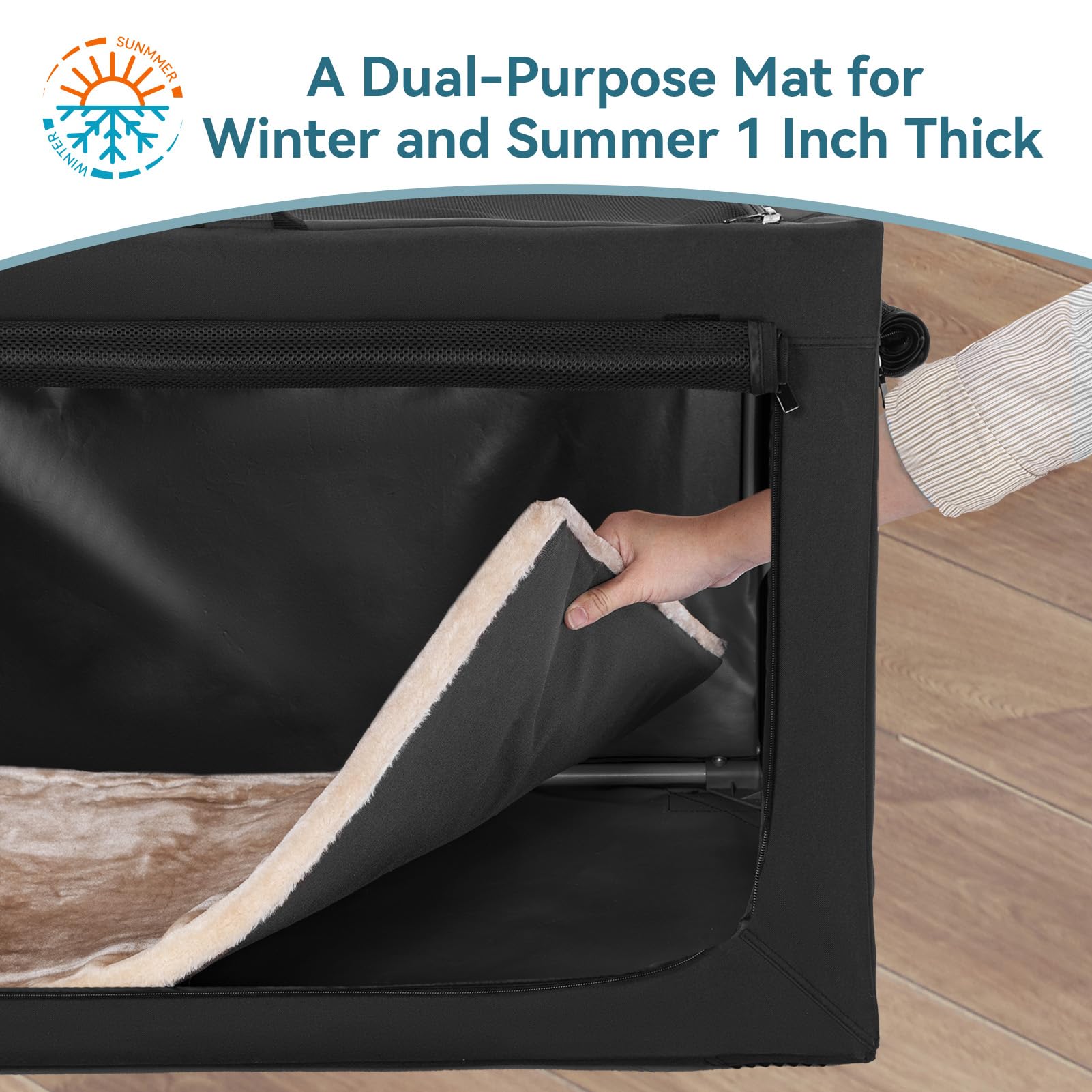 PETSFIT Portable Dog Crate for Small Dogs, – 24" Soft Dog Travel Crates with Lockable Zippers & Thicken Mat, Adjustable Patented Spiral Steel Frame, Collapsible Kennel for Indoor & Outdoor