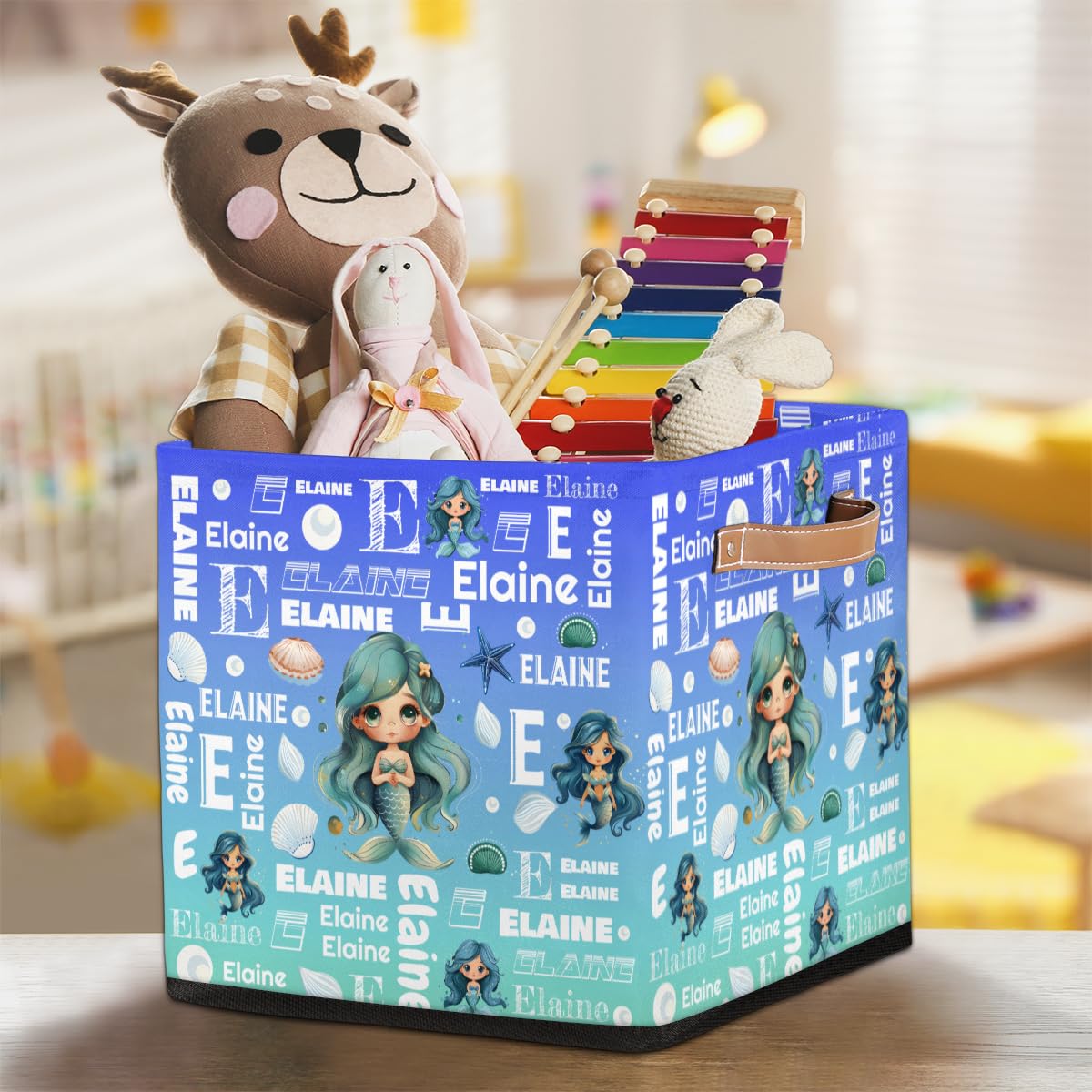 Mardesigns Mermaid Custom Cube Storage Bins, Personalized Cute Animals 13 Inch Bowknot Foldable Closet Storage Cube Organizer Basket with Handle for Shelves Home