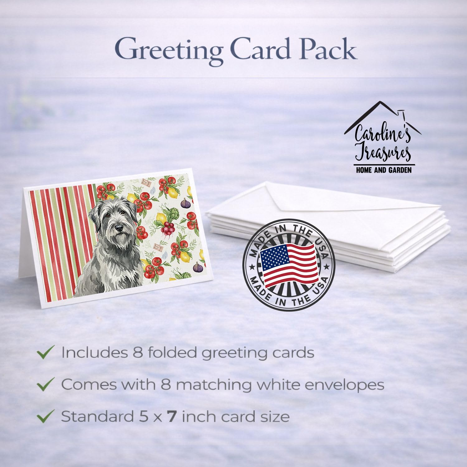 Caroline's Treasures Gray Briard Vegetables Greeting Cards Pack of 8 Blank Cards with Envelopes Whimsical A7 Size 5x7