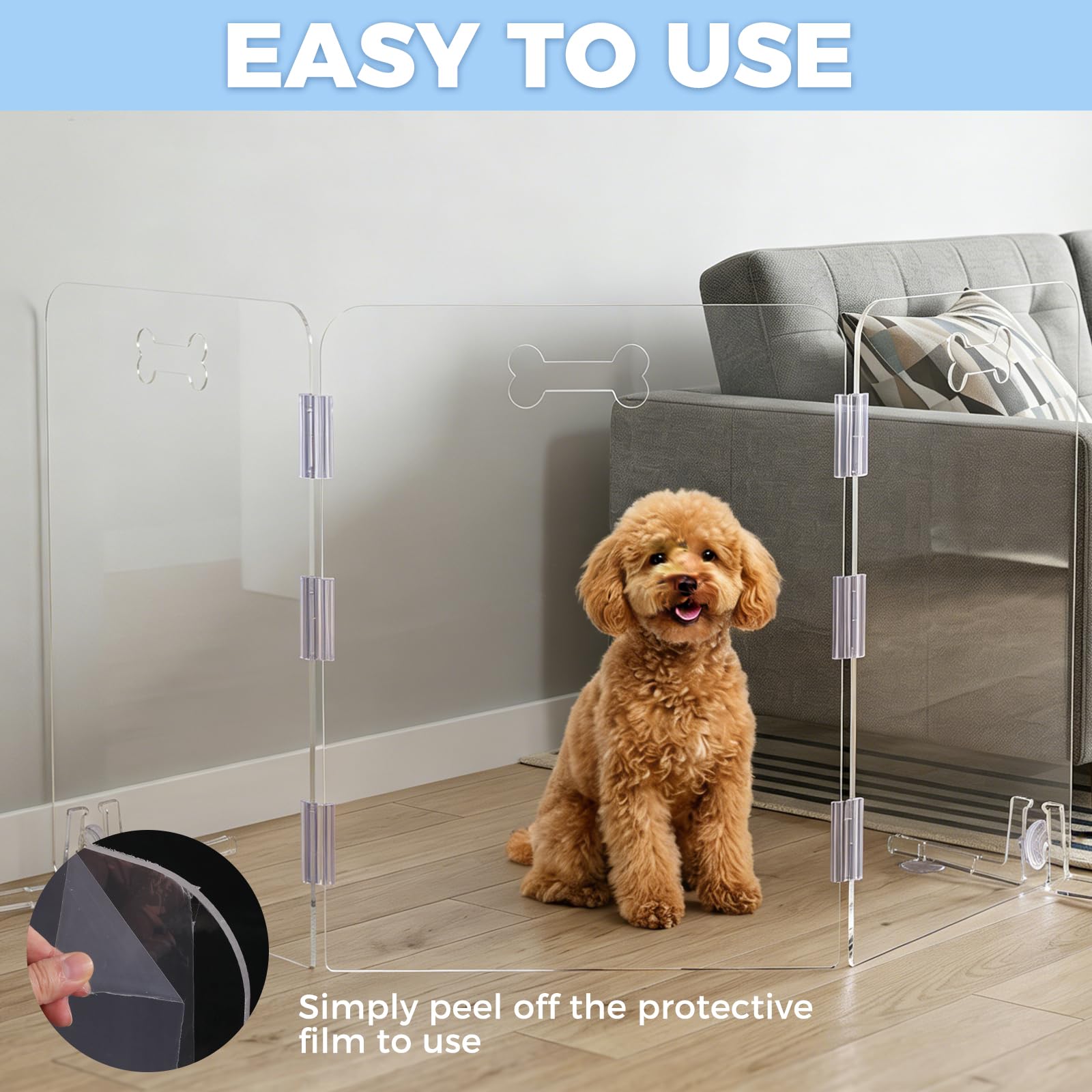 31.5" Tall Clear Acrylic Dog Playpen, 3-Panel Freestanding Transparent Pet Gate for Indoor Doorways, Foldable Puppy Fence Barrier with Support Feet & Handles(3-Panel Tall)