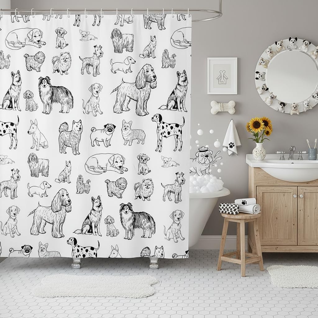 Homewish Cartoon Dog Shower Curtain Black White Dog Puppy Sketch Bathroom Curtains for Kids Girls Boys Adult Room Decor Cute Pet Animals Waterproof Quick Dry Fabric,12 Hooks,72" Wx72 L