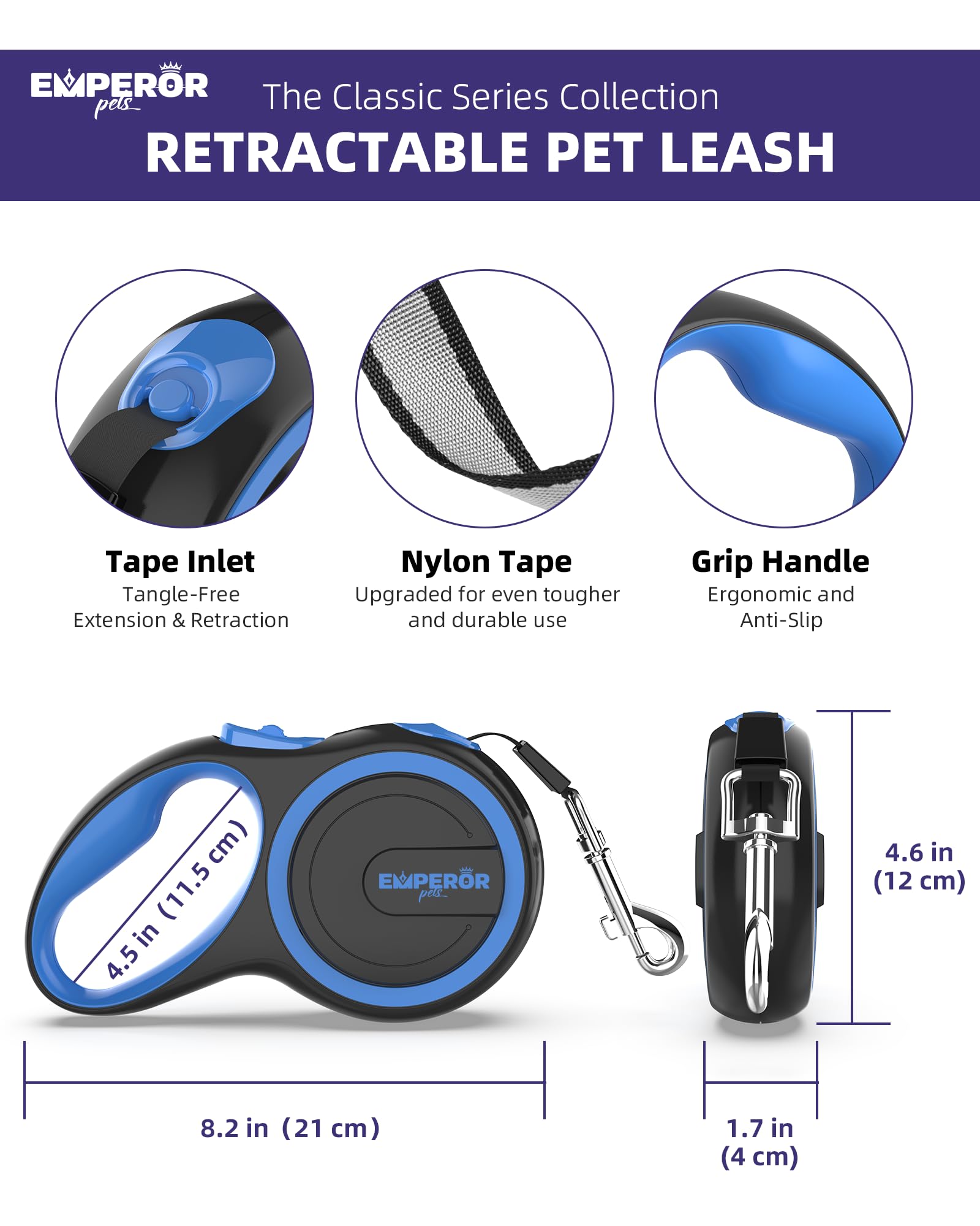 Retractable Dog Leash Add-On Accessory - Hand and Wrist Strap - for Greater Comfort, Loosen Grip for Your Hands and Better Control - Classic Blue