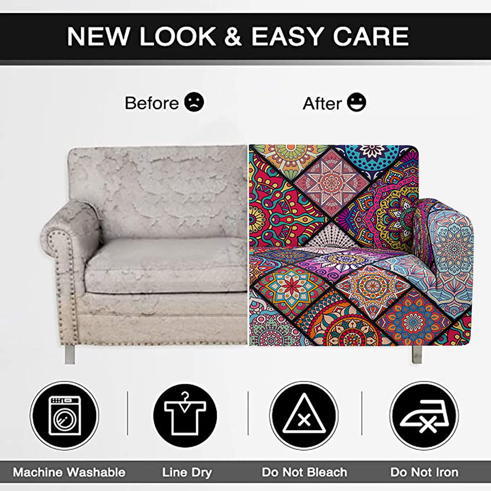 HOSIMA Mandala Sofa Covers for 3 Cushion Couch,Bohemian Couch Slipcover,Floral Pattern Printed Sofa Covers,Living Room Stretch Couch Covers for 3 Seater Furniture Covers