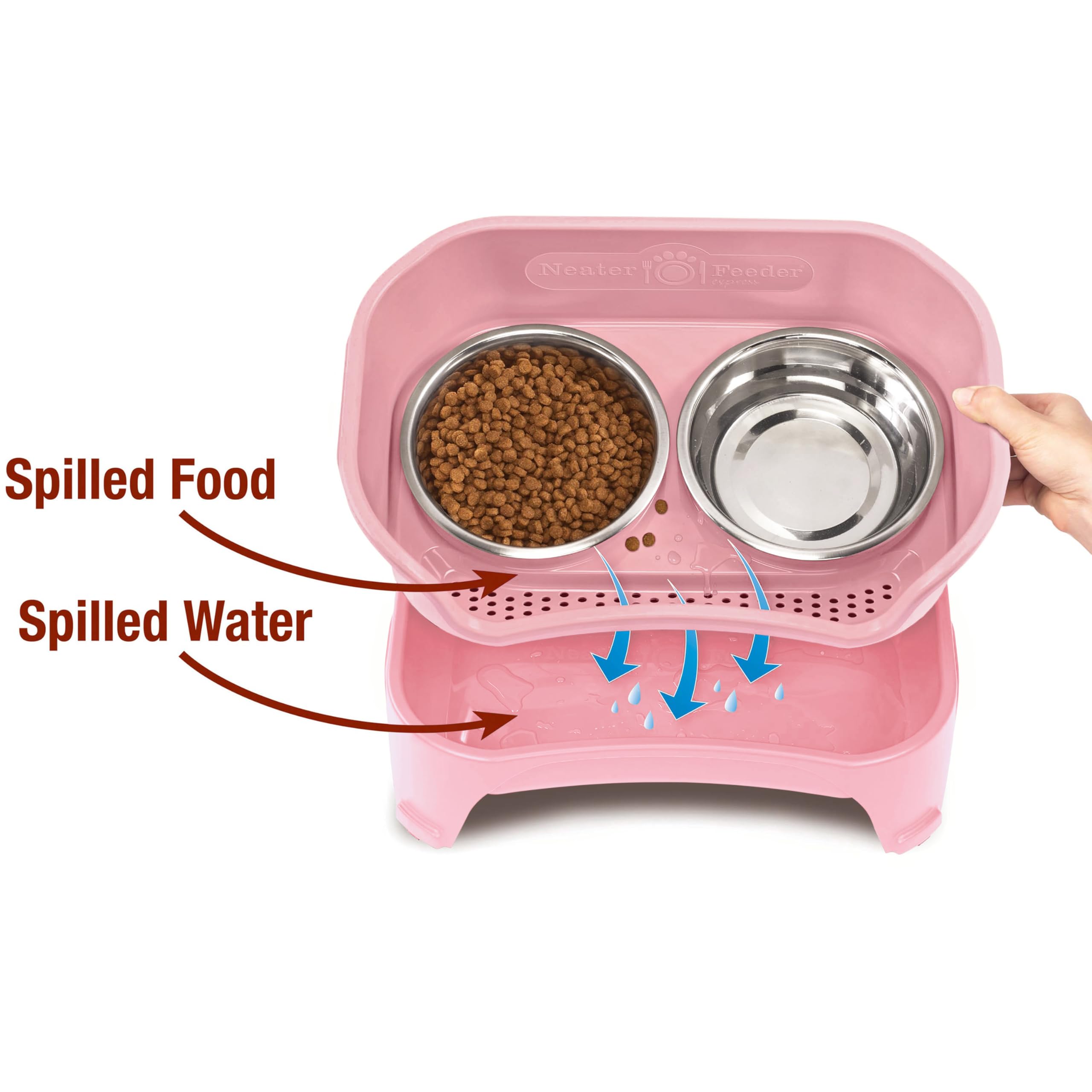 Neater Feeder Express Mess Proof Dog Bowls Elevated for Medium and Large Breed – Made in USA – No Spill Raised Slow Feeder Elevated Dog Bowl Stand, Slow Feed Food and Water Bowl Set, Pink