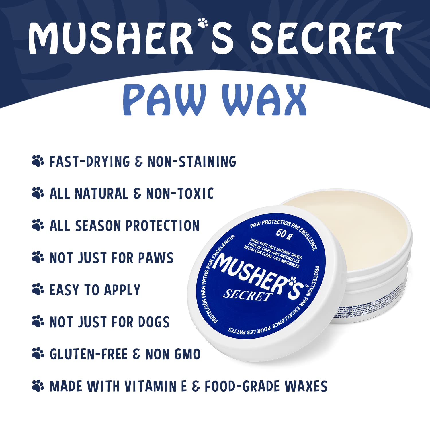 Musher's Secret Dog Paw Wax 60g – Moisturizing Dog Paw Balm – Helps Protect & Heals Cracked Paws – Creates an Invisible Paw Protectors Barrier – All-Natural Nose & Paw Balm with Vitamin E