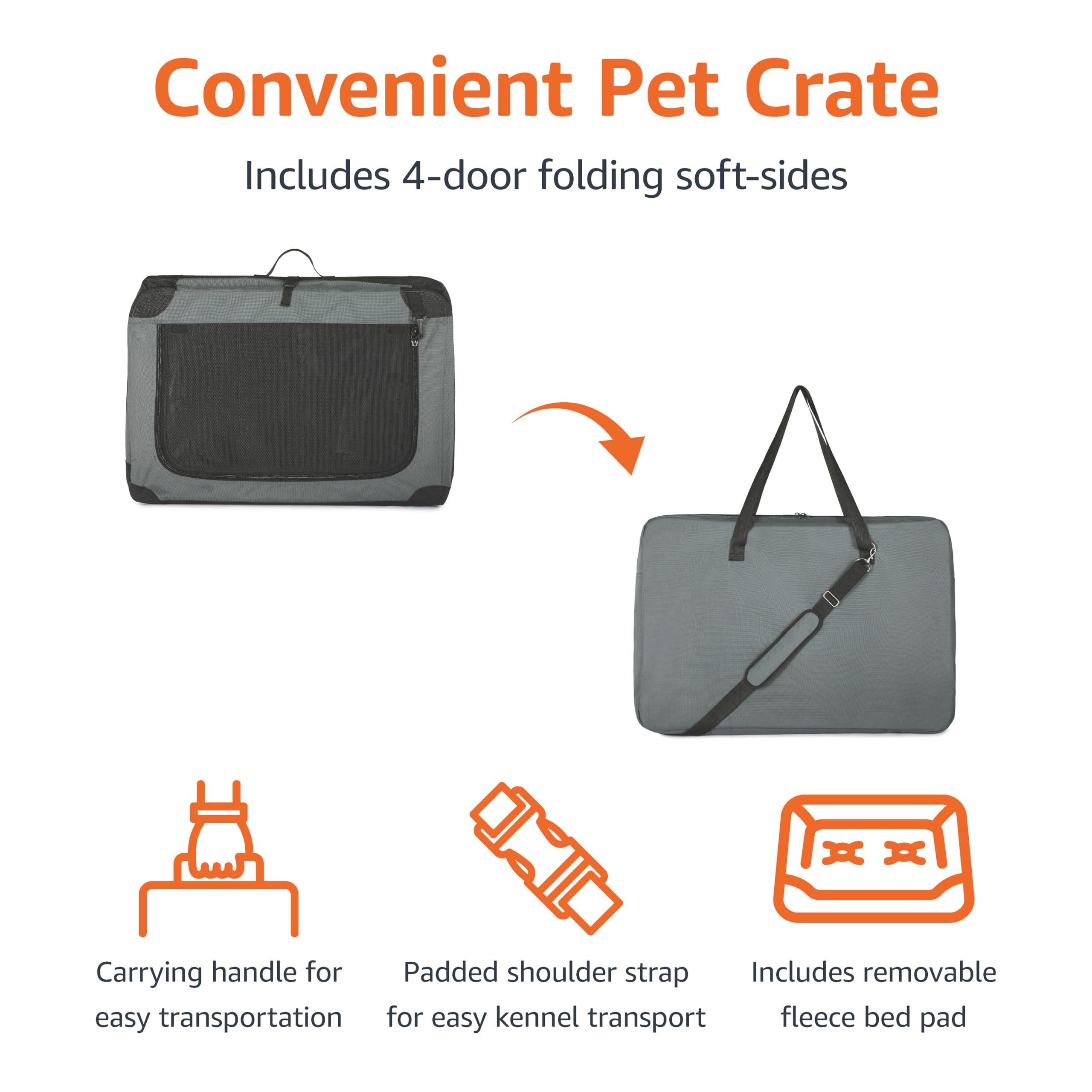 Amazon Basics Portable Folding Soft Dog Crate, 4-Doors, Collapsible Travel Kennel for Cat, Dog, and Small Animals, Quick Setup, Small 26" x 18" x 18", Grey