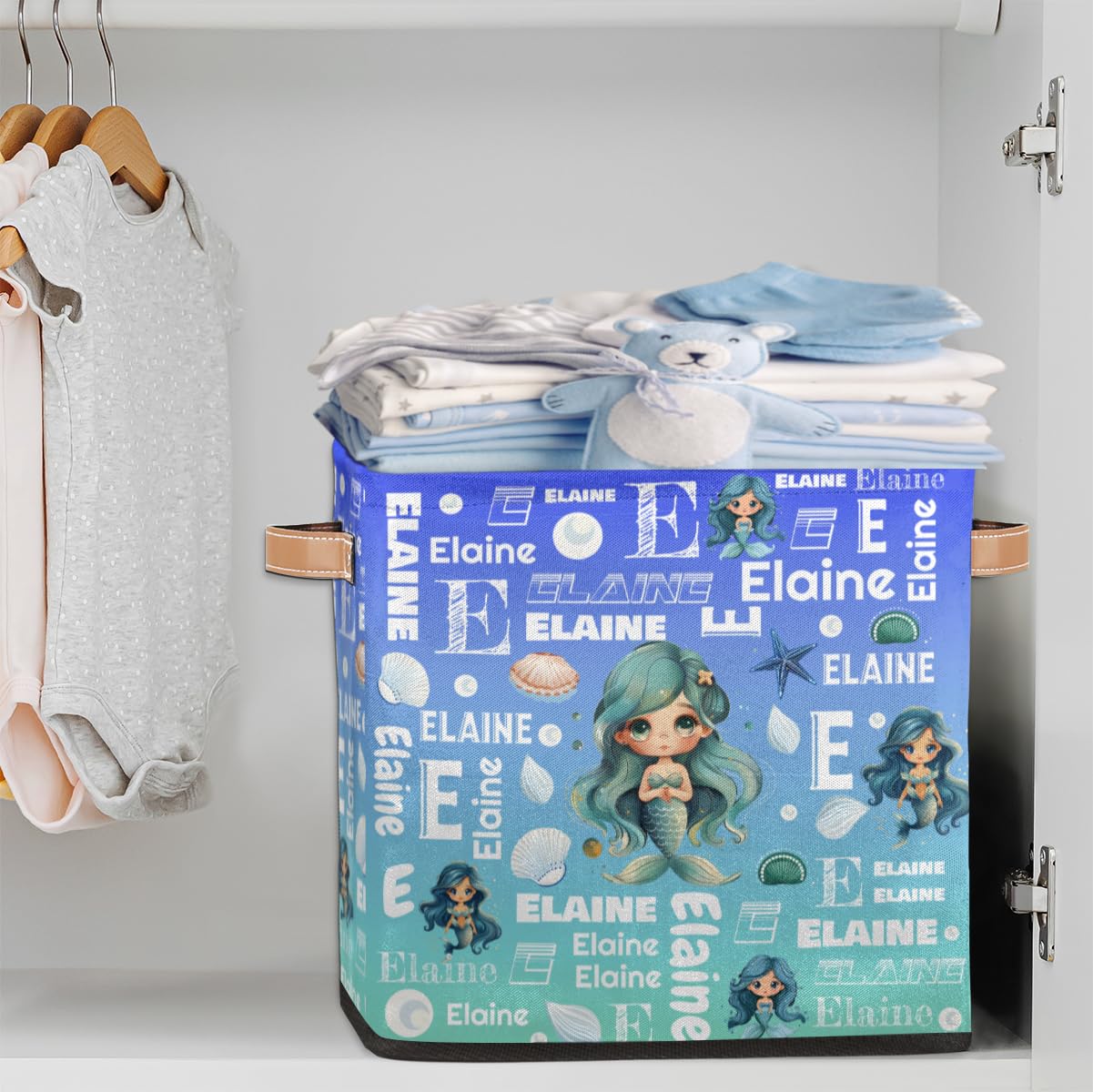 Mardesigns Mermaid Custom Cube Storage Bins, Personalized Cute Animals 13 Inch Bowknot Foldable Closet Storage Cube Organizer Basket with Handle for Shelves Home
