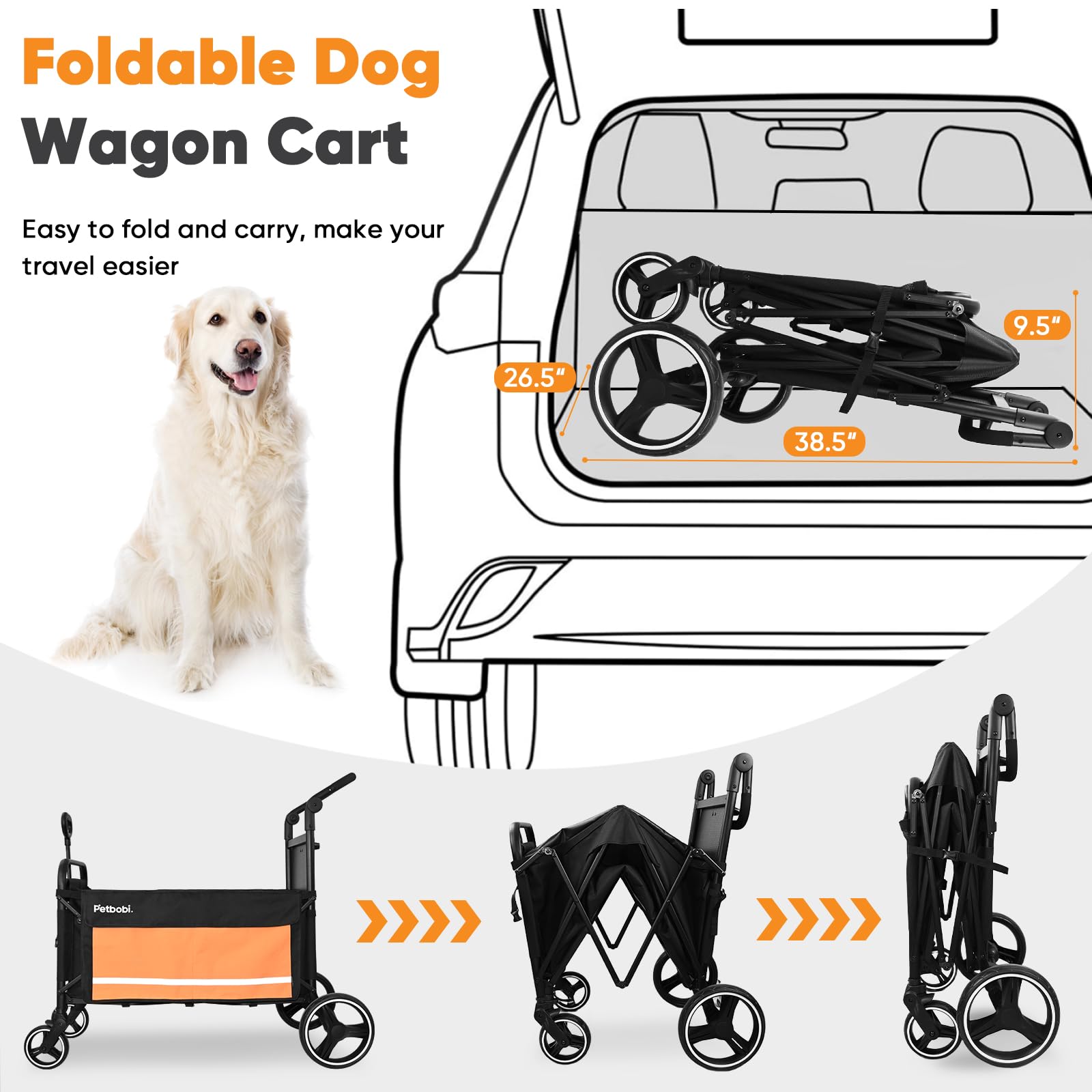 Petbobi Dog Wagon Stroller for Large & Medium Dogs, 2-in-1 Push Pull Pet Cart with Ramp, Foldable Wagon, 360° Swivel Wheels, Adjustable Handles, Safety Leashes, Orange