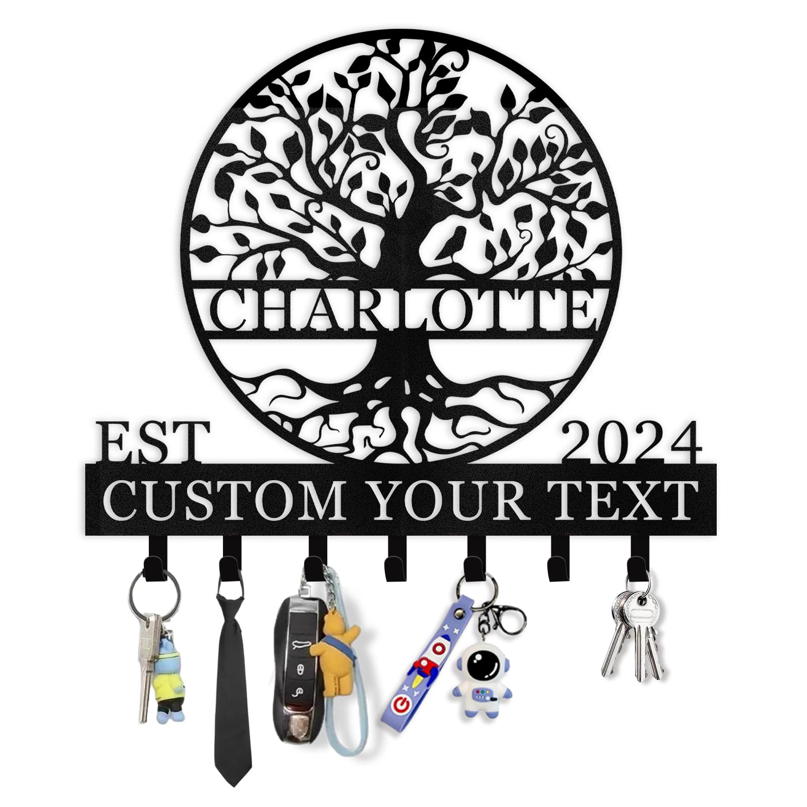 Dyoart, Personalized Key Holder Wall Mount - Custom Name Tree of Life Key Holder for Wall, Metal Key Rack Coat Rack for Front Door, Living Room, Kitchen, Housewarming Wedding Gift