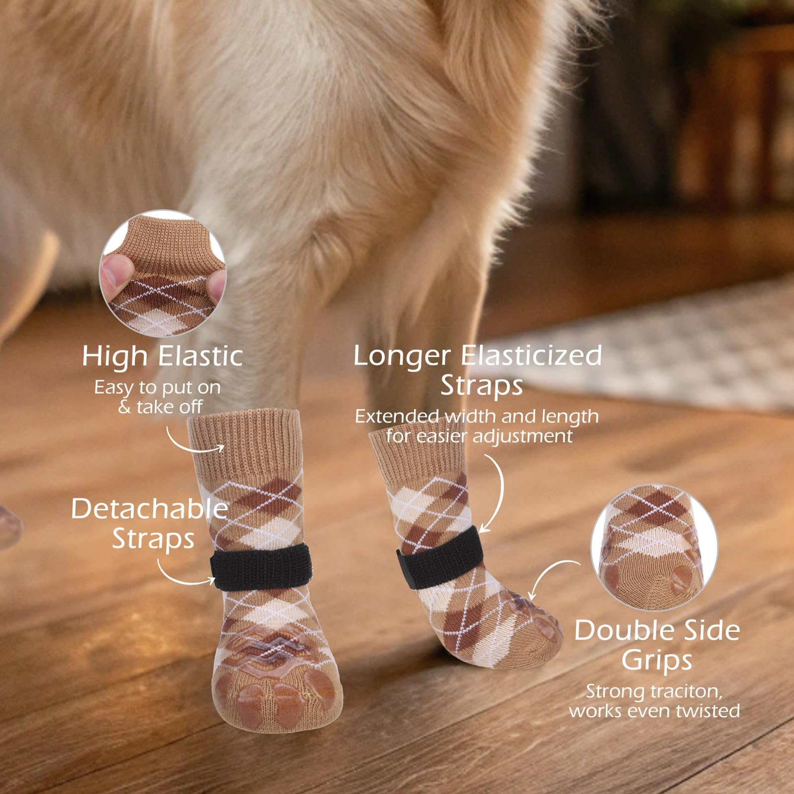 EXPAWLORER Dog Socks to Prevent Licking Paws,Anti Slip Dog Shoes for Hot Pavement,Dog Booties for Hardwood Floors,Dogs Boots & Paw Protectors for Small Medium Large Senior Dogs,British Style,Khaki M