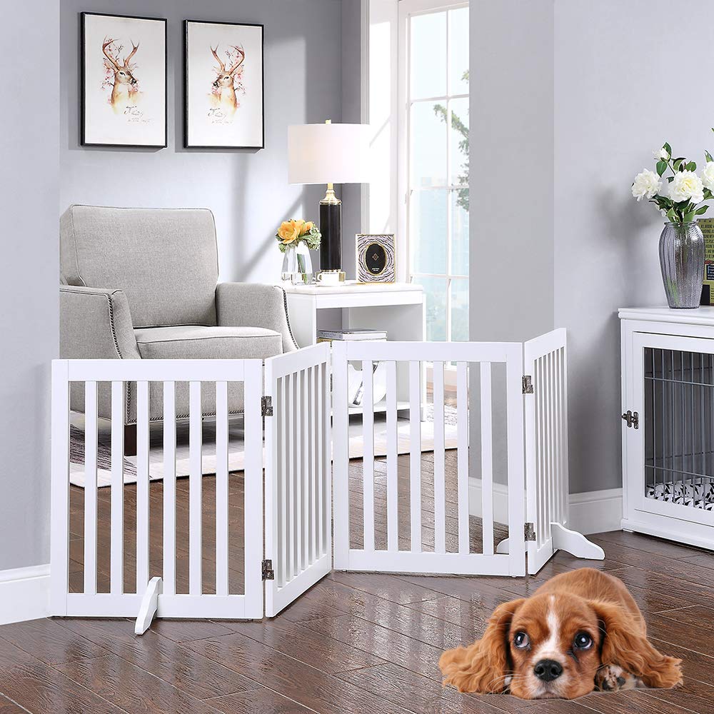 unipaws 24”H Free Standing Pet Gate for Dog Cat, Wooden Gates for Doorway, Stairs, Step Over Foldable Pet Fence for The House, Expandable Dog Barrier, Indoor Use, White