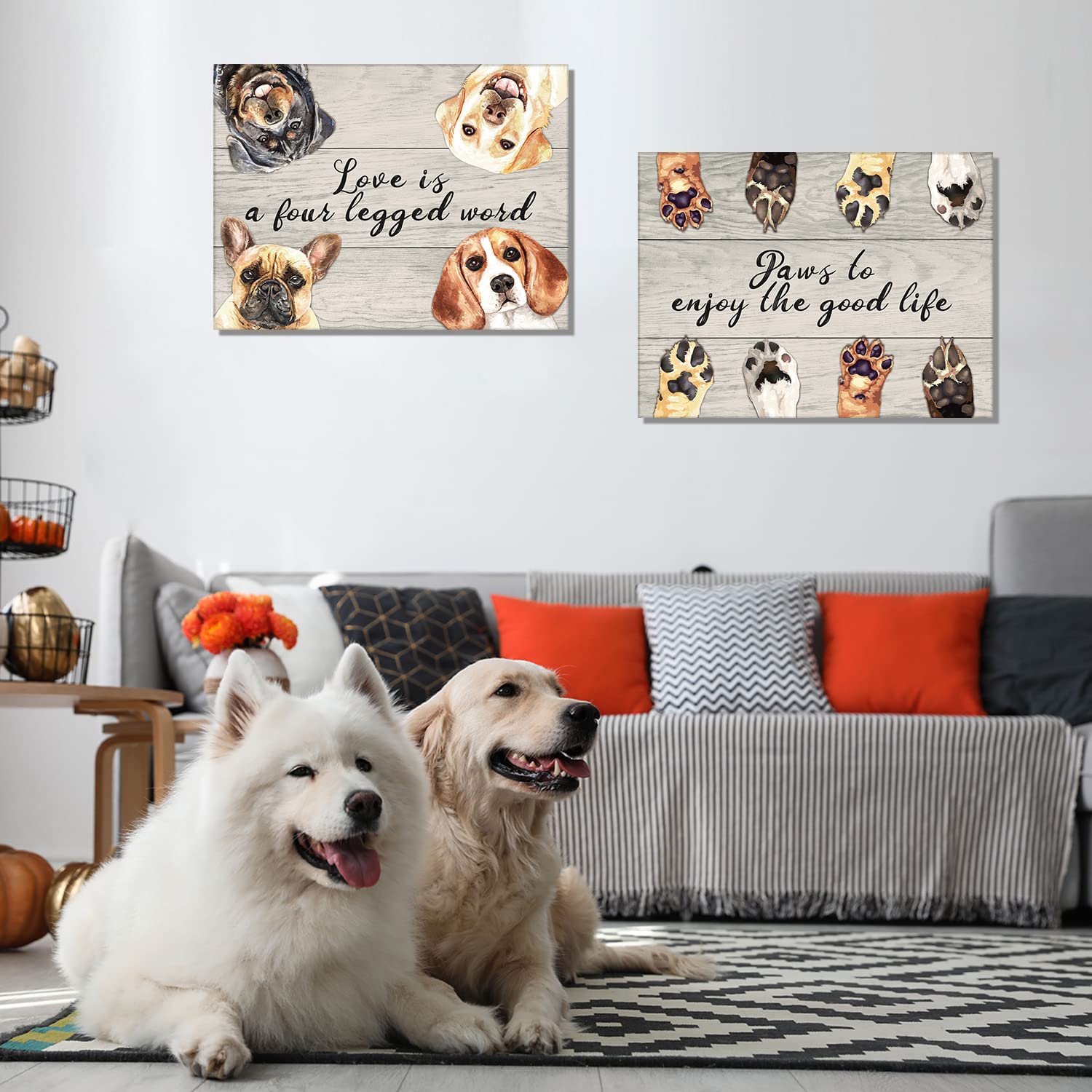 KAIRNE Love is a Four Legged Word Art Prints,Dogs Signs for Home Decor,Animals Paintings,Pet Dogs Footprints Wall Art set of 2 (12x16inch,framed) Cute Puppy Paws Posters For Dog Lover Home Decoration
