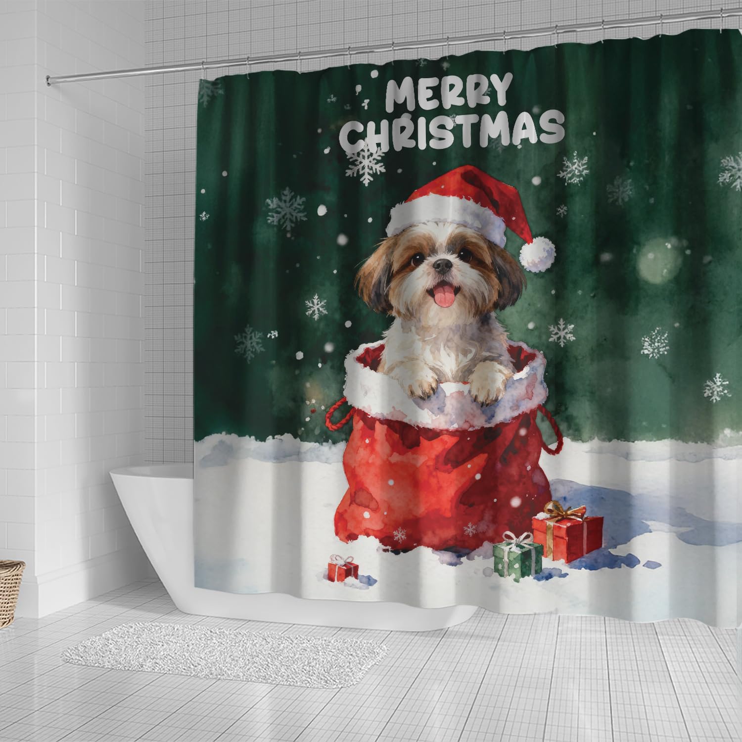 Ninety3POD Santa Surprise Gift Shih Tzu Merry Cheerful Christmas Shower Curtain Lion Dog Lover Gifts Waterproof Bathroom Bathtub Curtain 12021